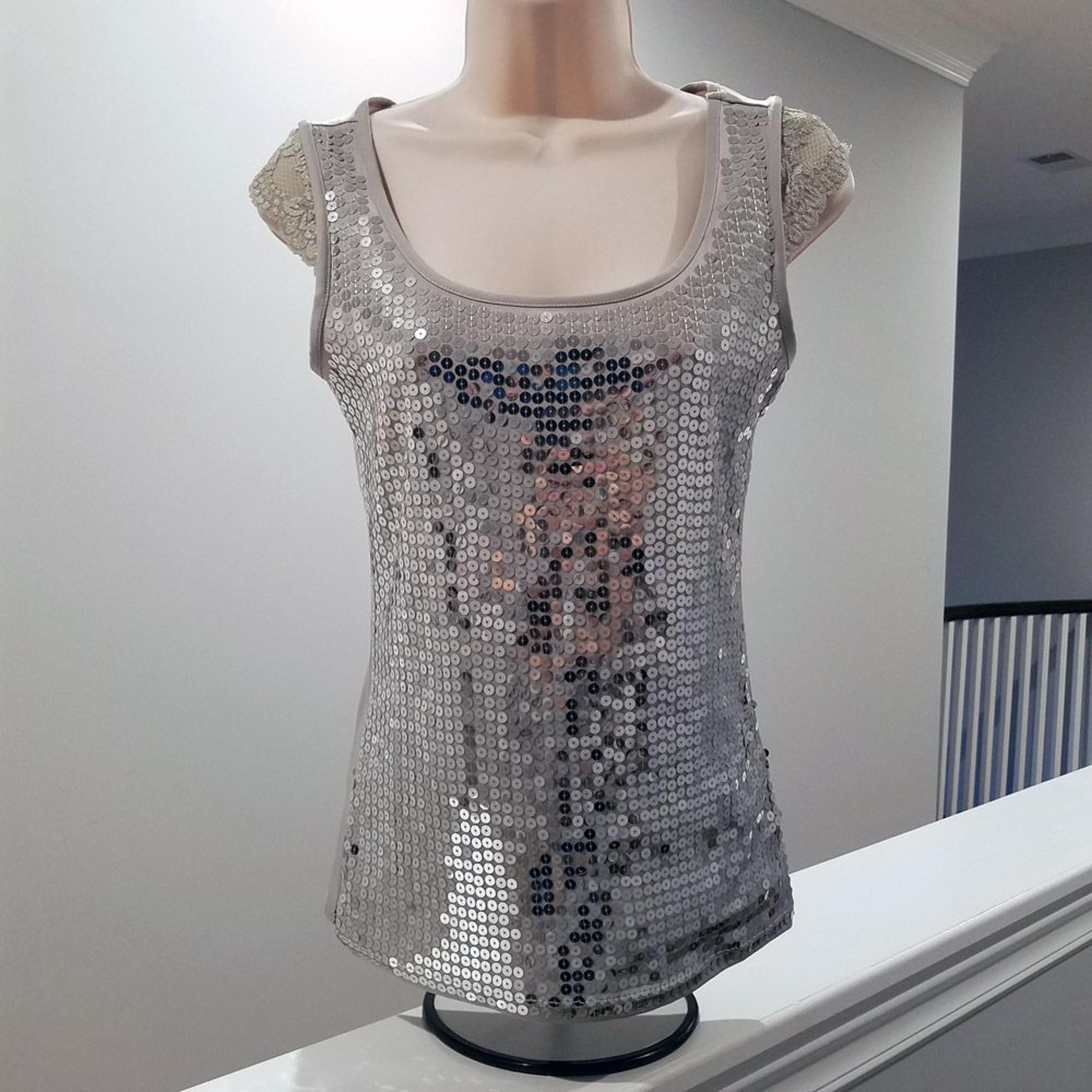 Carmen Marc Valvo Silver Sequin Tank Top