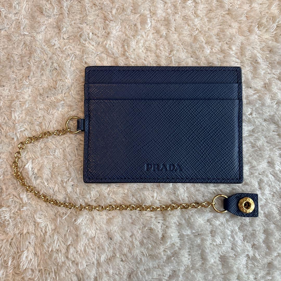 【Immediate Purchase Allowed】PRADA Card Case Pass Case Navy Blue with Chain