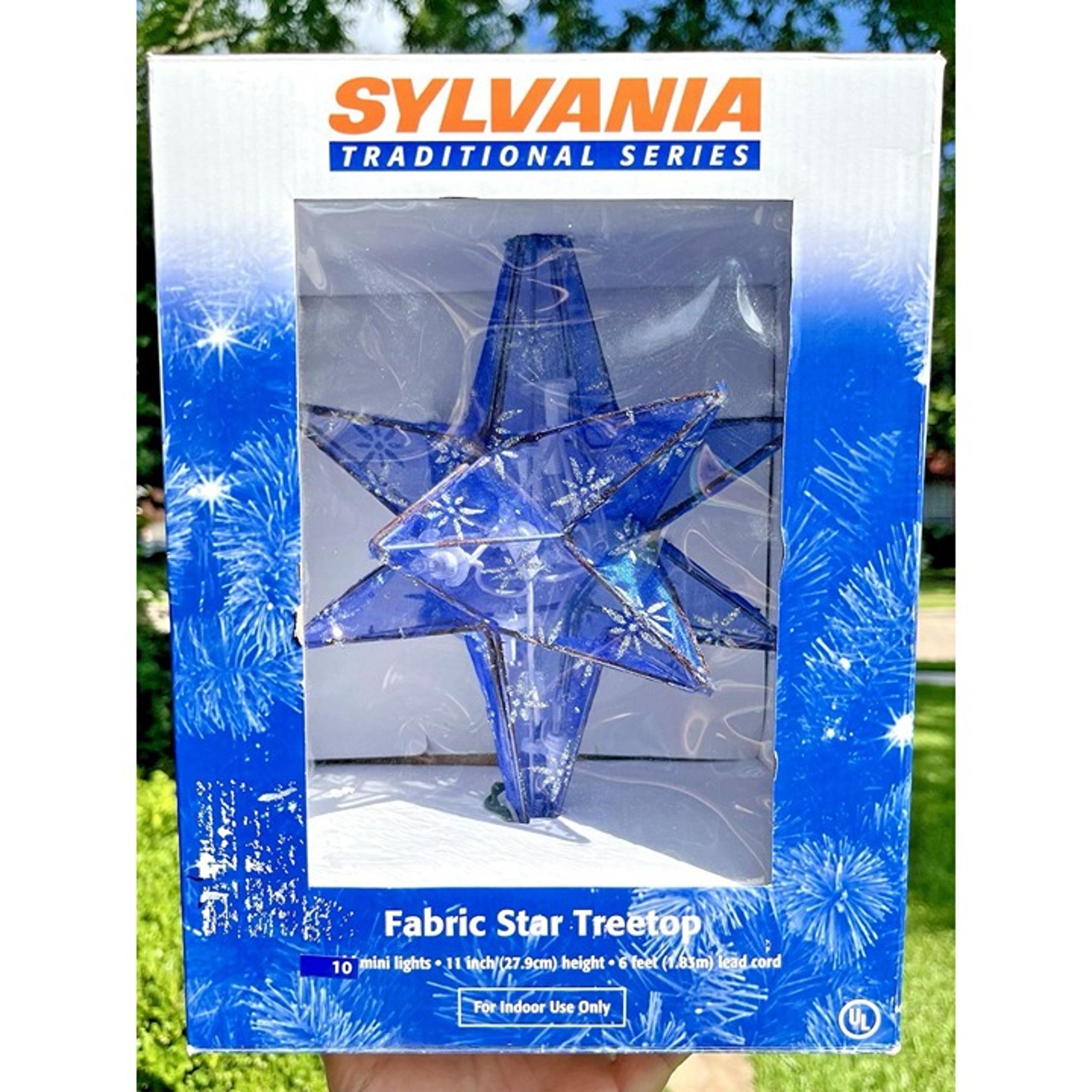 Vtg Christmas Tree Topper Double Sided Light Up BLUE FABRIC SYLVANIA NOS 11"