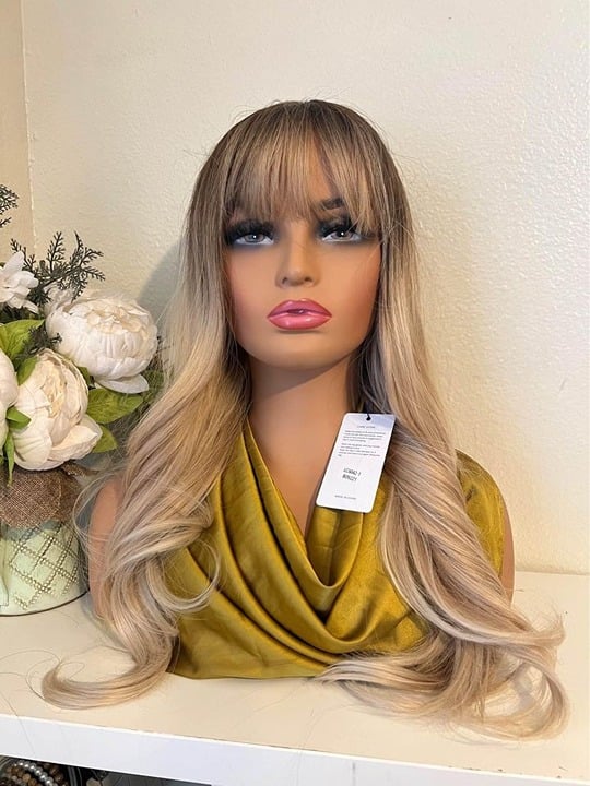 24 Inch balayage Brown to blonde wavy Long hair wig with bangs for daily used
