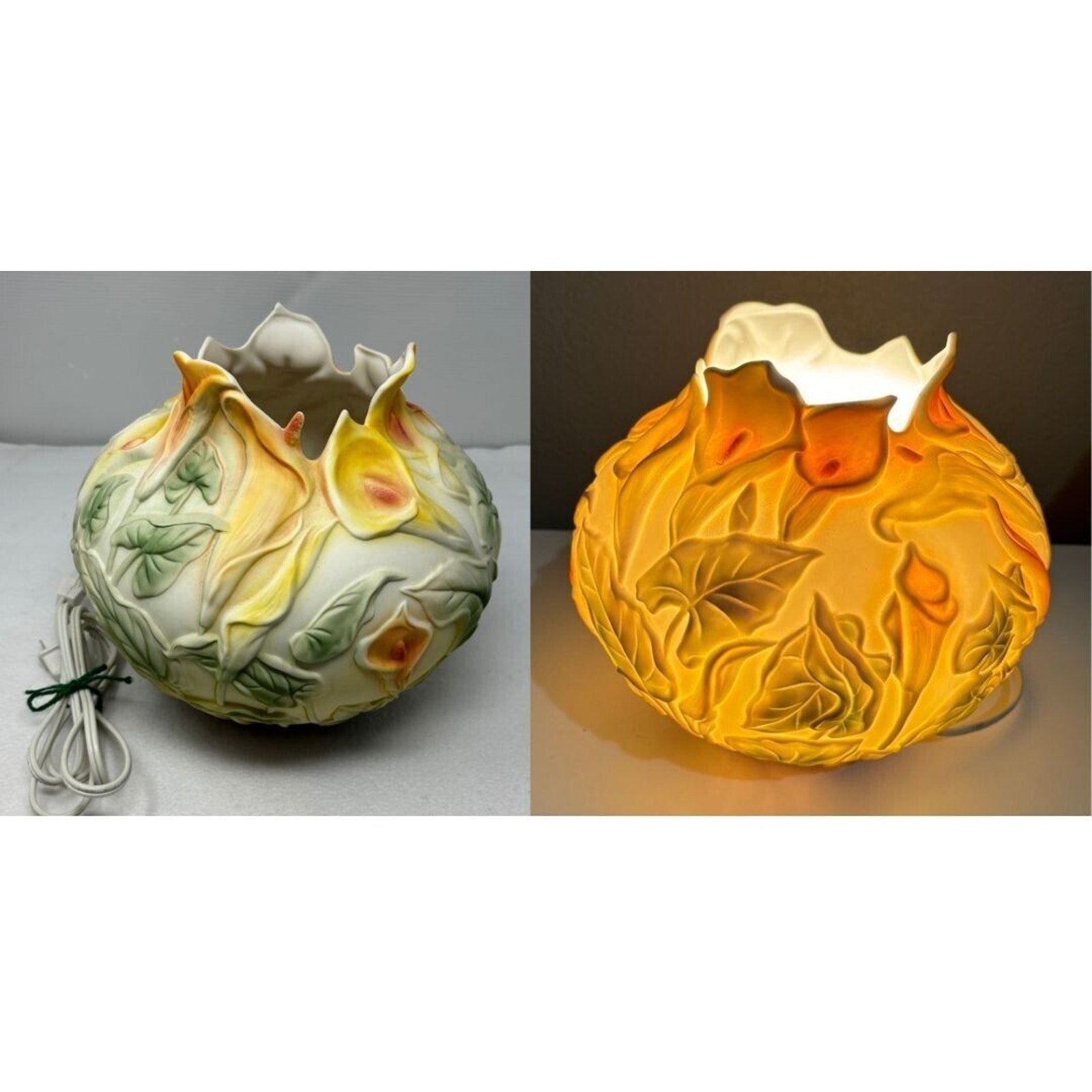 Porcelain Calla Lily Flower Lamp Ball Shaped Light 10 “ Elegant Table Lamp