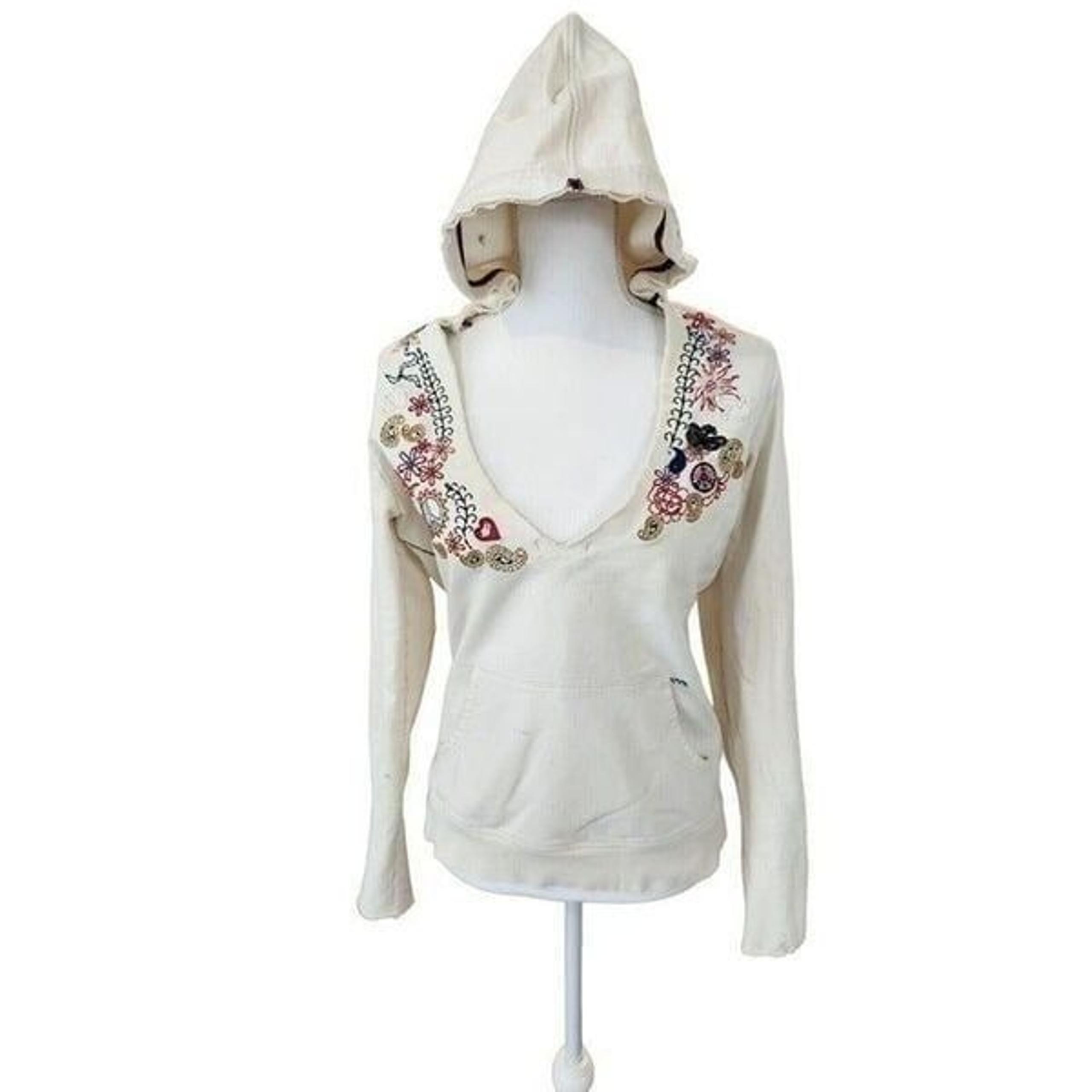 Y2K Lucky Brand Embroidered White Hooded Pullover Sweatshirt M Hippie Boho