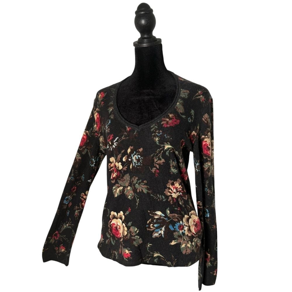Privé Cashmere Sweater Womens M Black Floral Print Soft Knit Grannycore Feminine