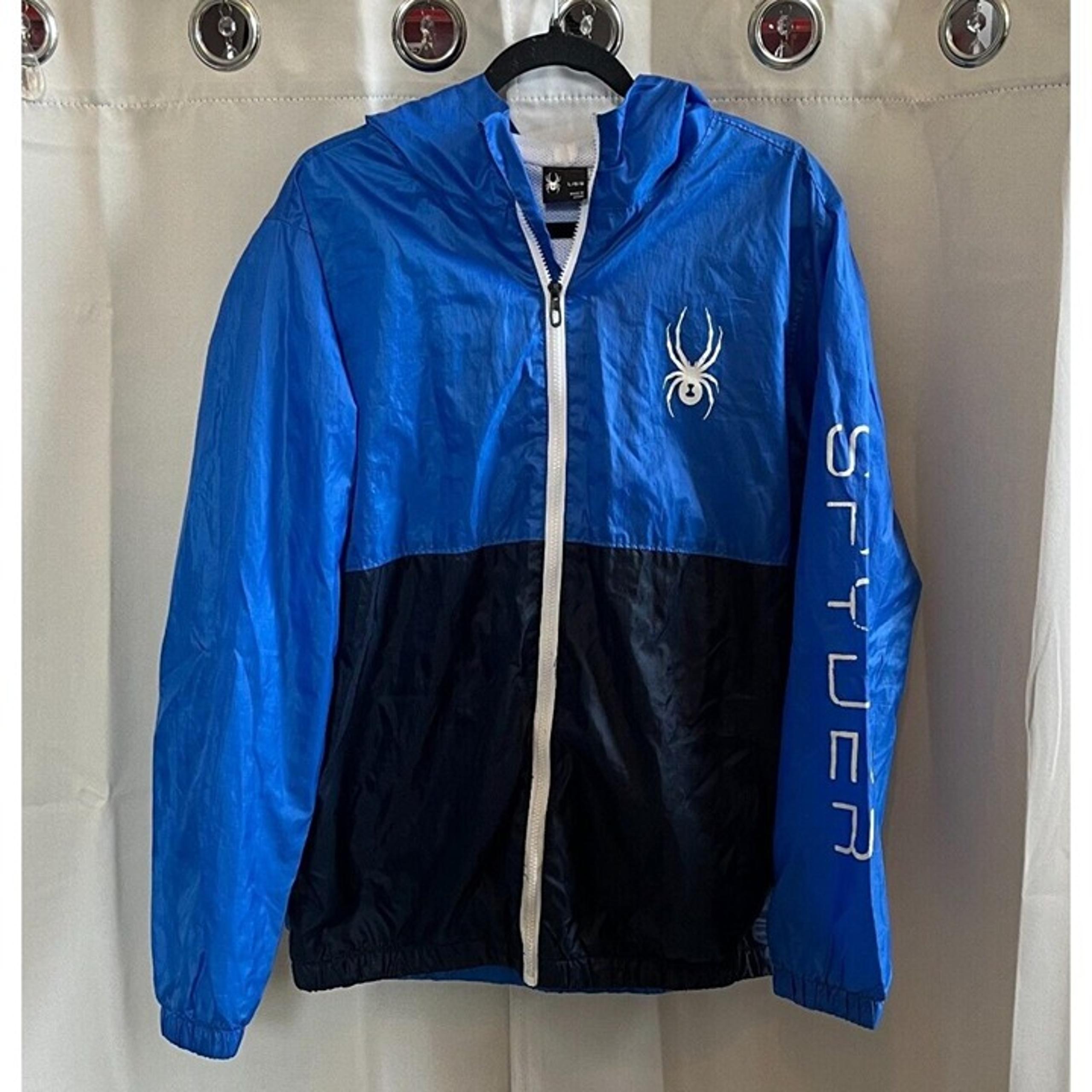 Spyder Mens Windbreaker Jacket Large Blue Black Full-Zip Hoodie Optic 16664