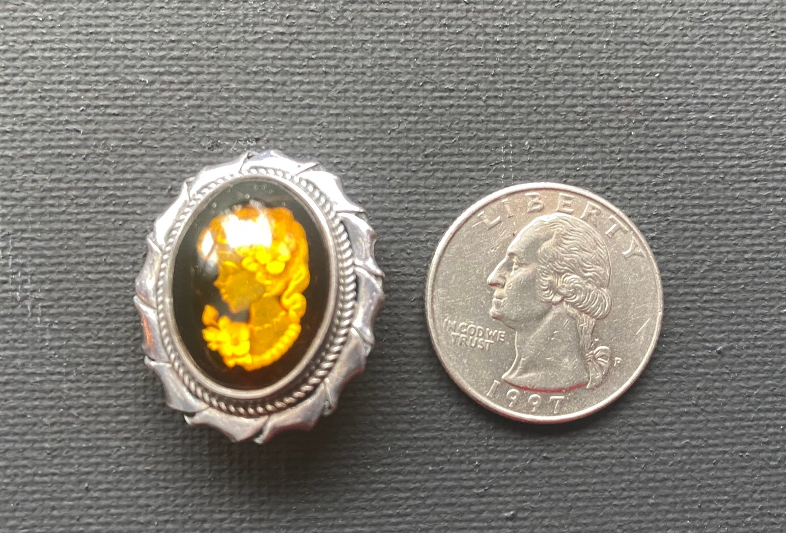 Vtg Reversed Carved Amber Cameo Brooch Pin Sterling Silver Girl with Flower 1”