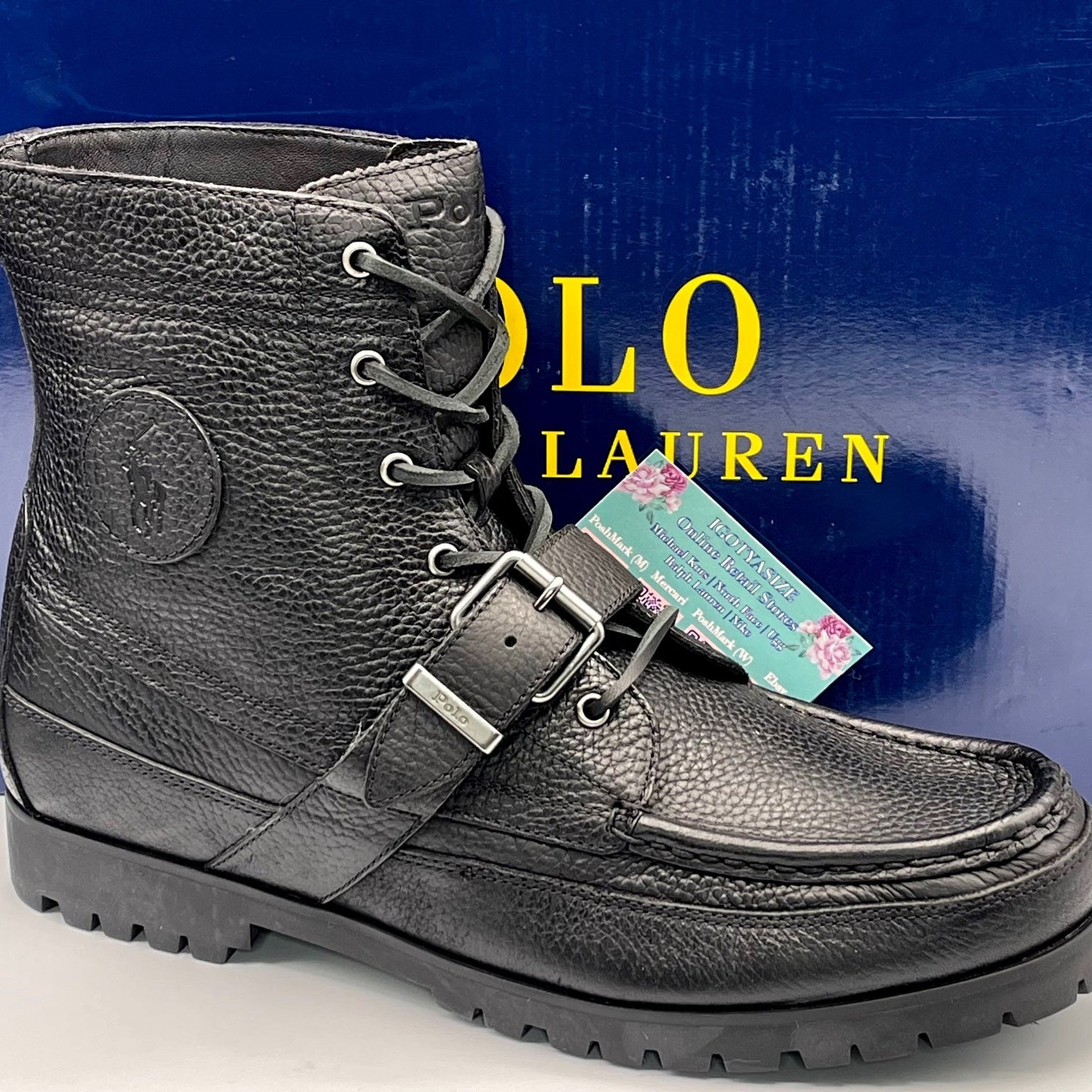 Polo Ralph Lauren Ranger Black Leather Buckle Boots Size 12 for Men