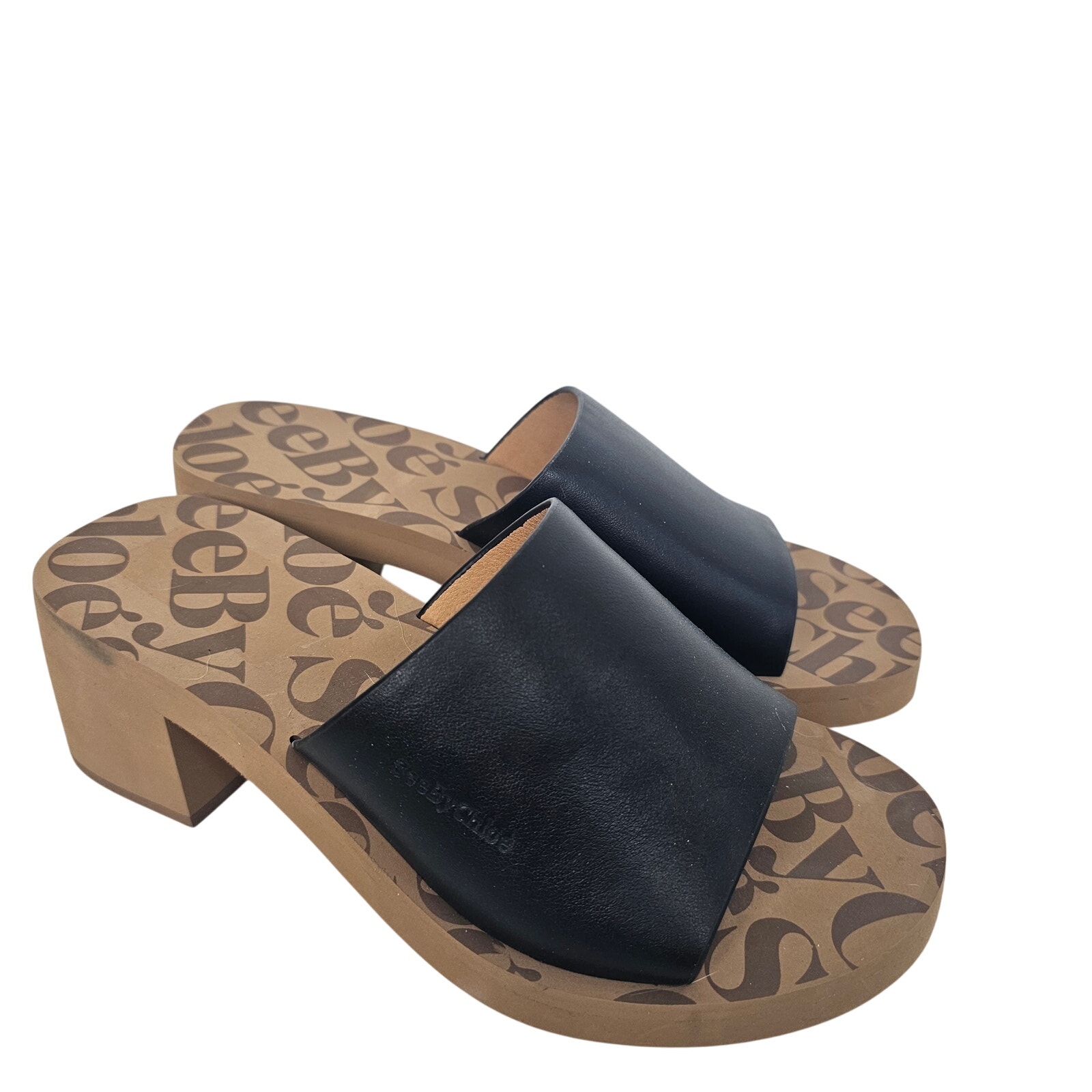 See By Chloe Black Leather Sandals Slides Slip Ons Heeled Sandals