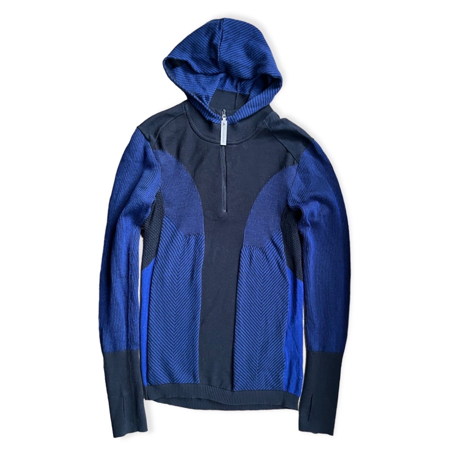 STELLA McCARTNEY x Adidas Run Ultra Blue/Black Wool Knit Pullover Hoodie sz M