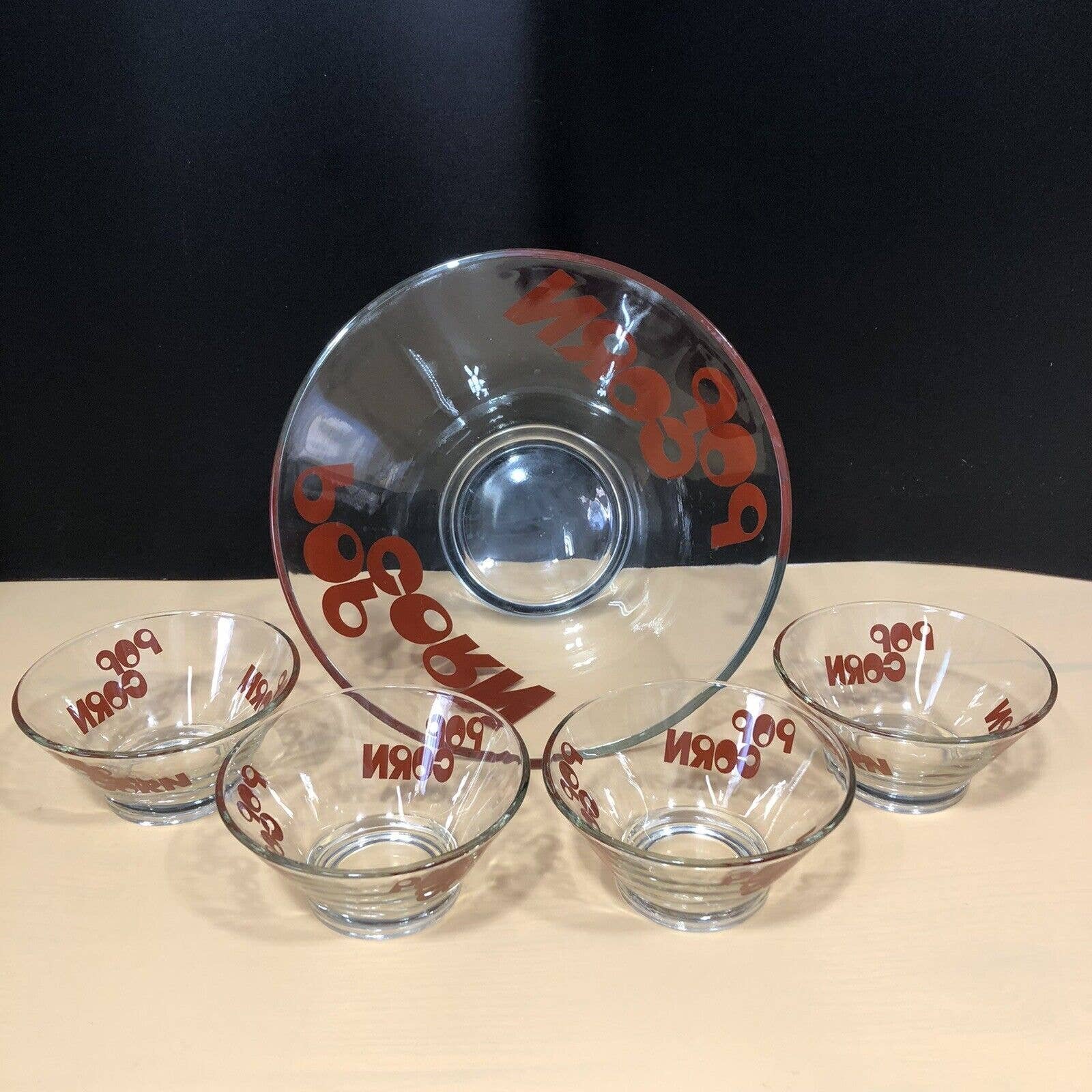 Vintage 1970s Wheaton Glass Retro 5 Piece Red Print Popcorn Bowl Set Modern GUC