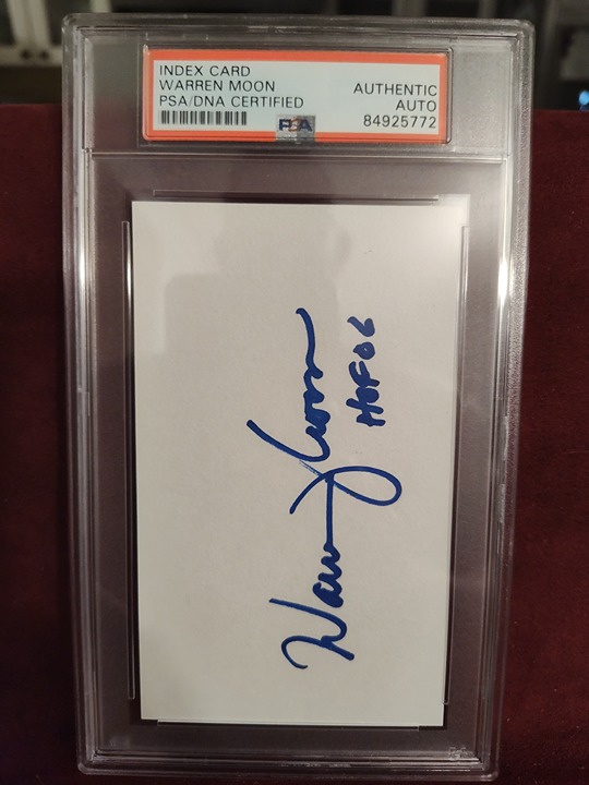 WARREN MOON HOF 06 SIGNED INDEX CARD 1978-2000 OILERS VICKINGS SEAHAWKS PSA