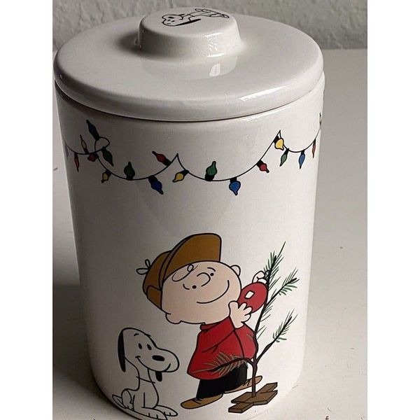 PEANUTS CHARLIE BROWN SNOOPY CHRISTMAS TREE LIGHTS CANISTER COOKIE JAR NEW - detail
