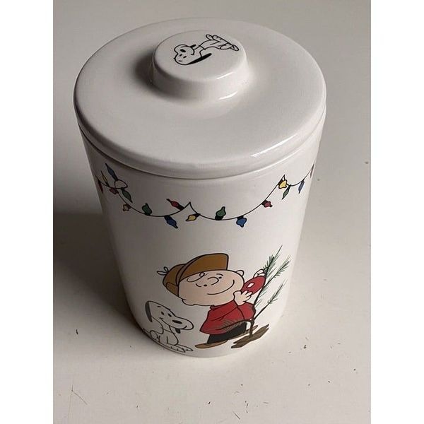 PEANUTS CHARLIE BROWN SNOOPY CHRISTMAS TREE LIGHTS CANISTER COOKIE JAR NEW - detail
