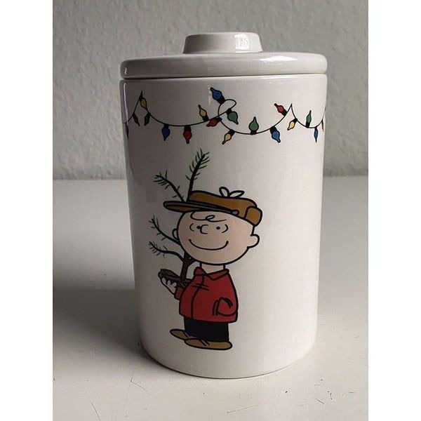 PEANUTS CHARLIE BROWN SNOOPY CHRISTMAS TREE LIGHTS CANISTER COOKIE JAR NEW - detail