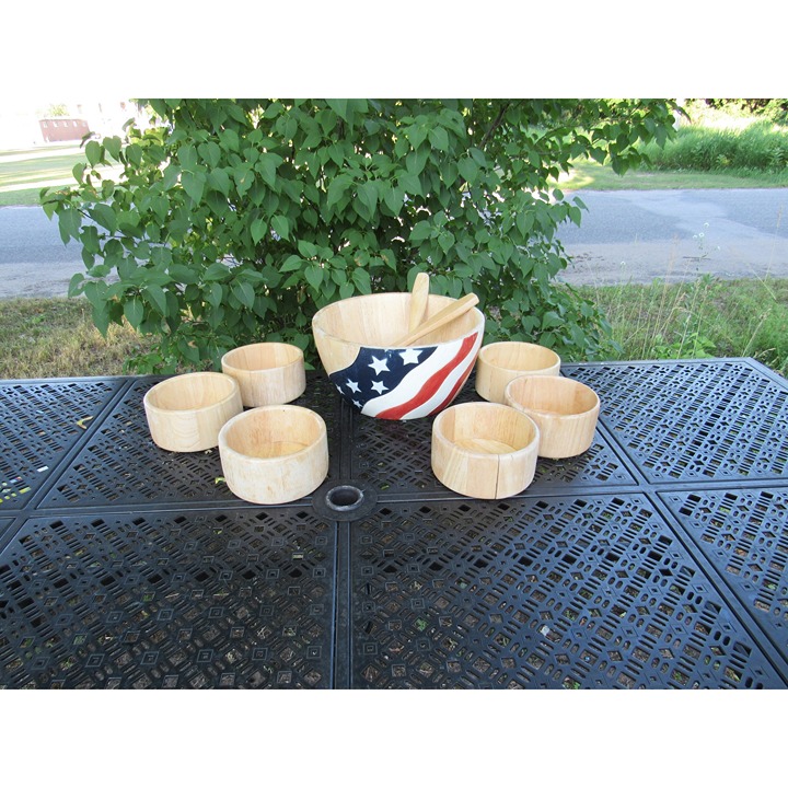 Vintage Wood Salad Bowl Set With 6 Bowls And Carved Tongs, American Flag Theme C
