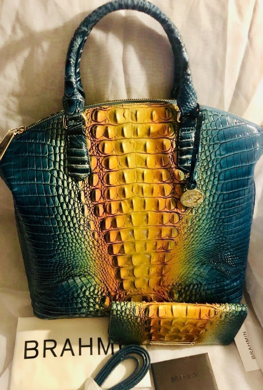 BRAHMIN DUXBURY SATCHEL + MATCHING WALLET + CHARM BERMUDA OMBRÉ TEAL/GLD LEATHER
