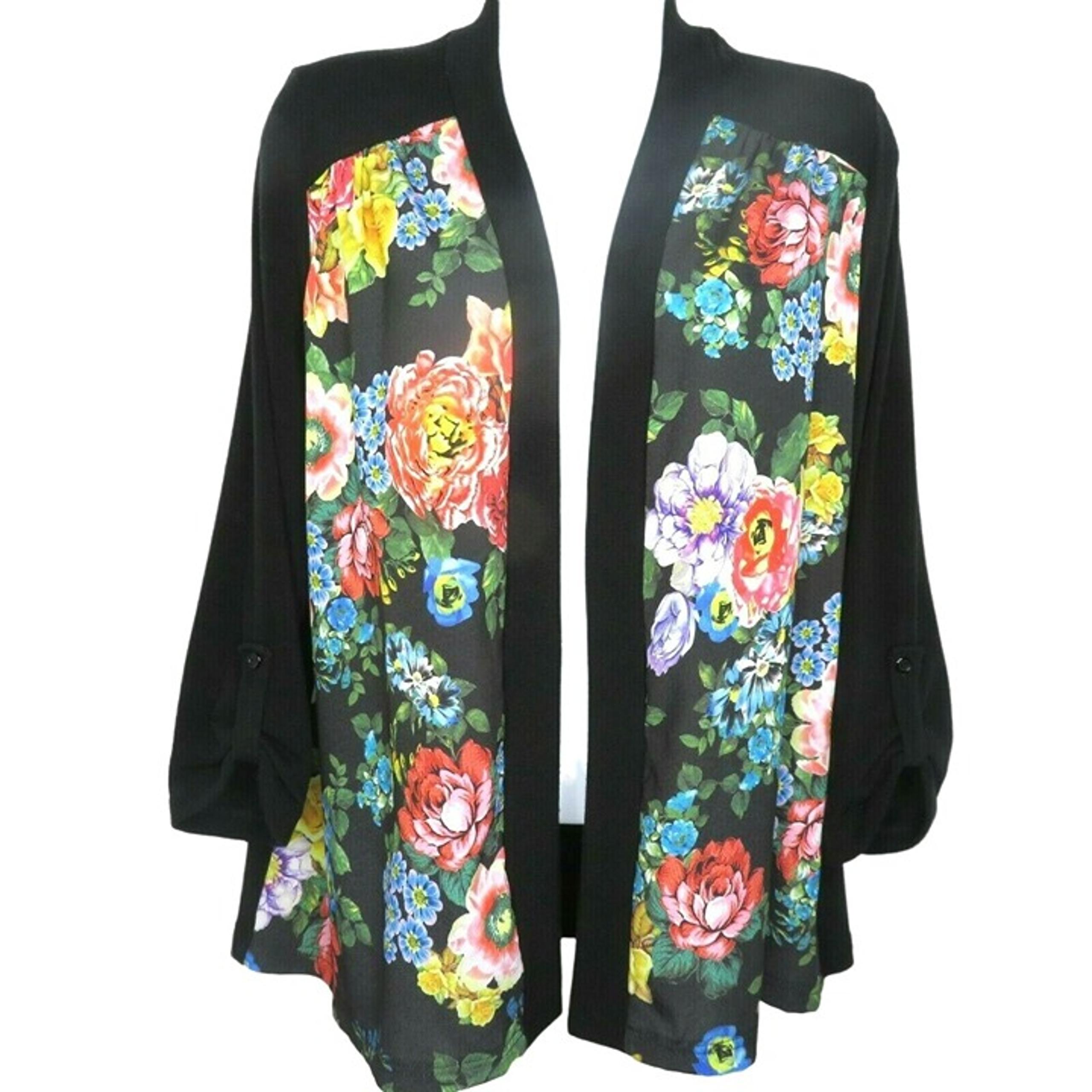 Vintage Pleione Open Front Floral Cardigan Sweater M Black Back Tab Sleeve USA