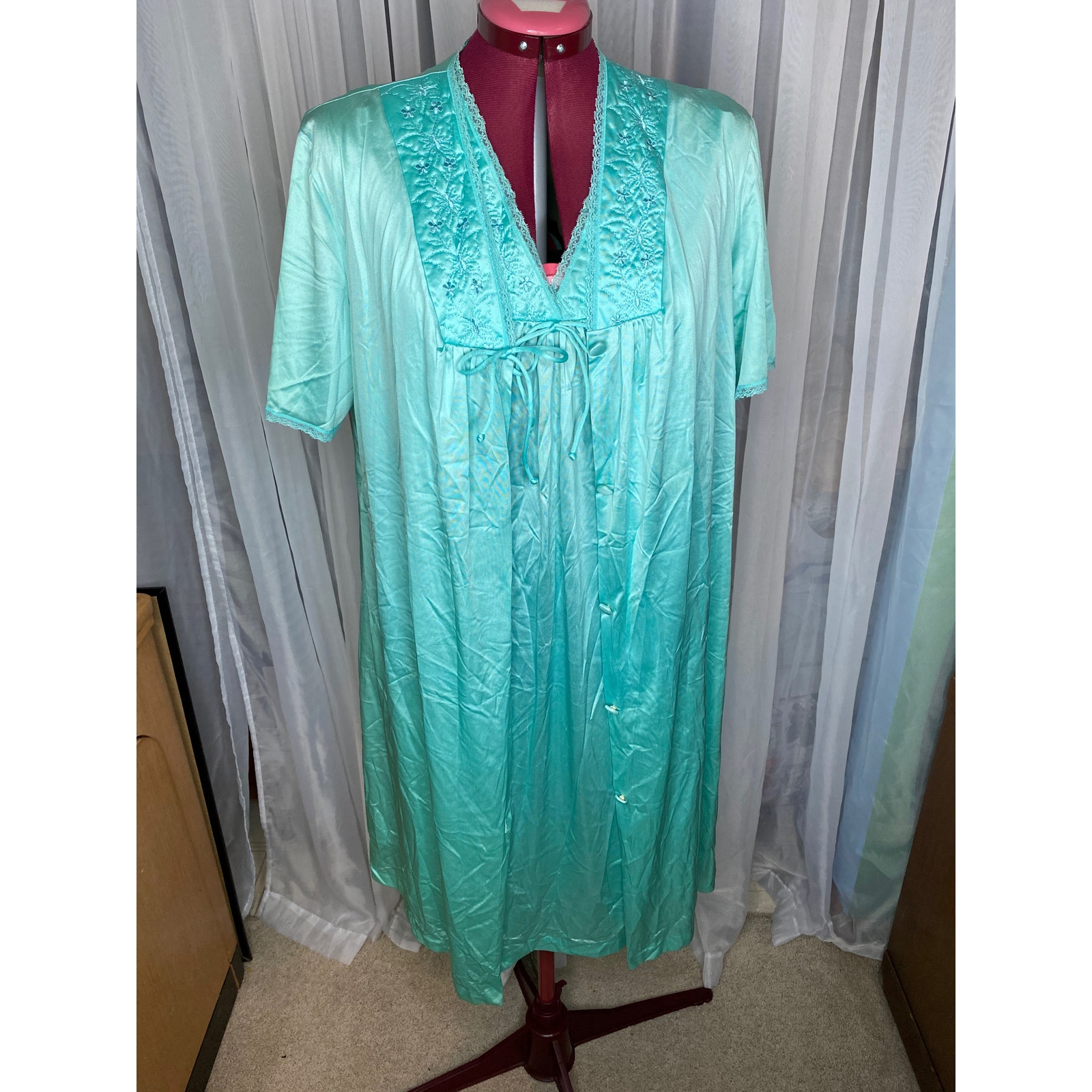 satin nightgown robe set aqua embroidered collar