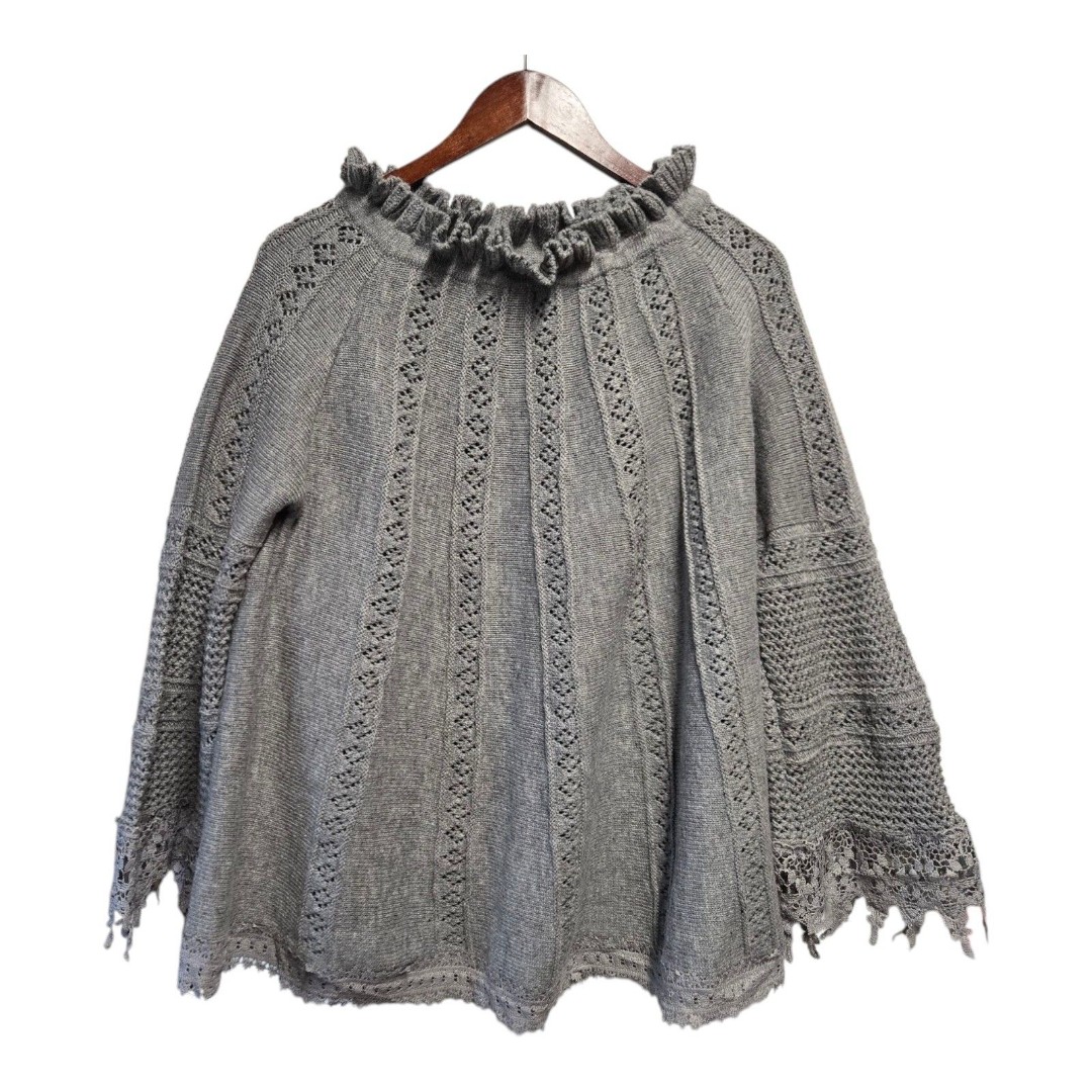 POL Sweater Wool Blend Poncho A Line Crochet Lace Ruffle Gray SMALL Oversized