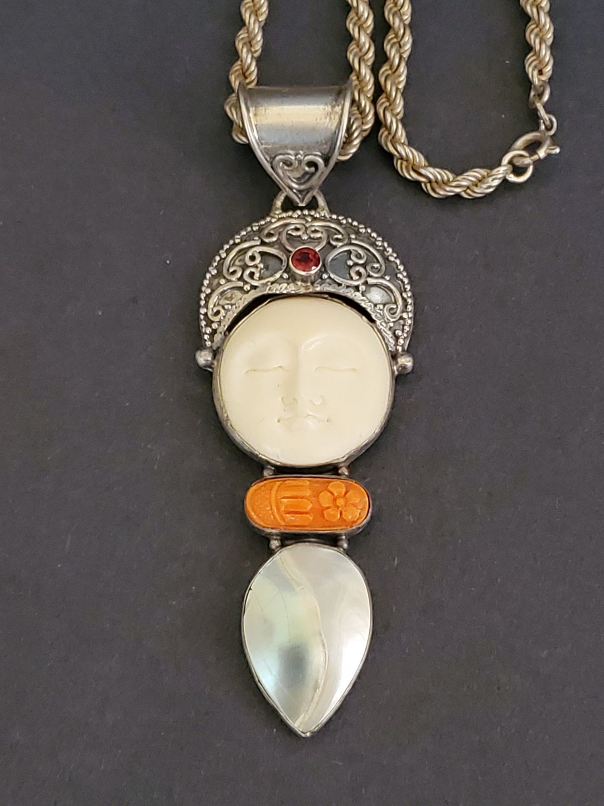 Carved Bone Moon Face 925 Silver Necklac