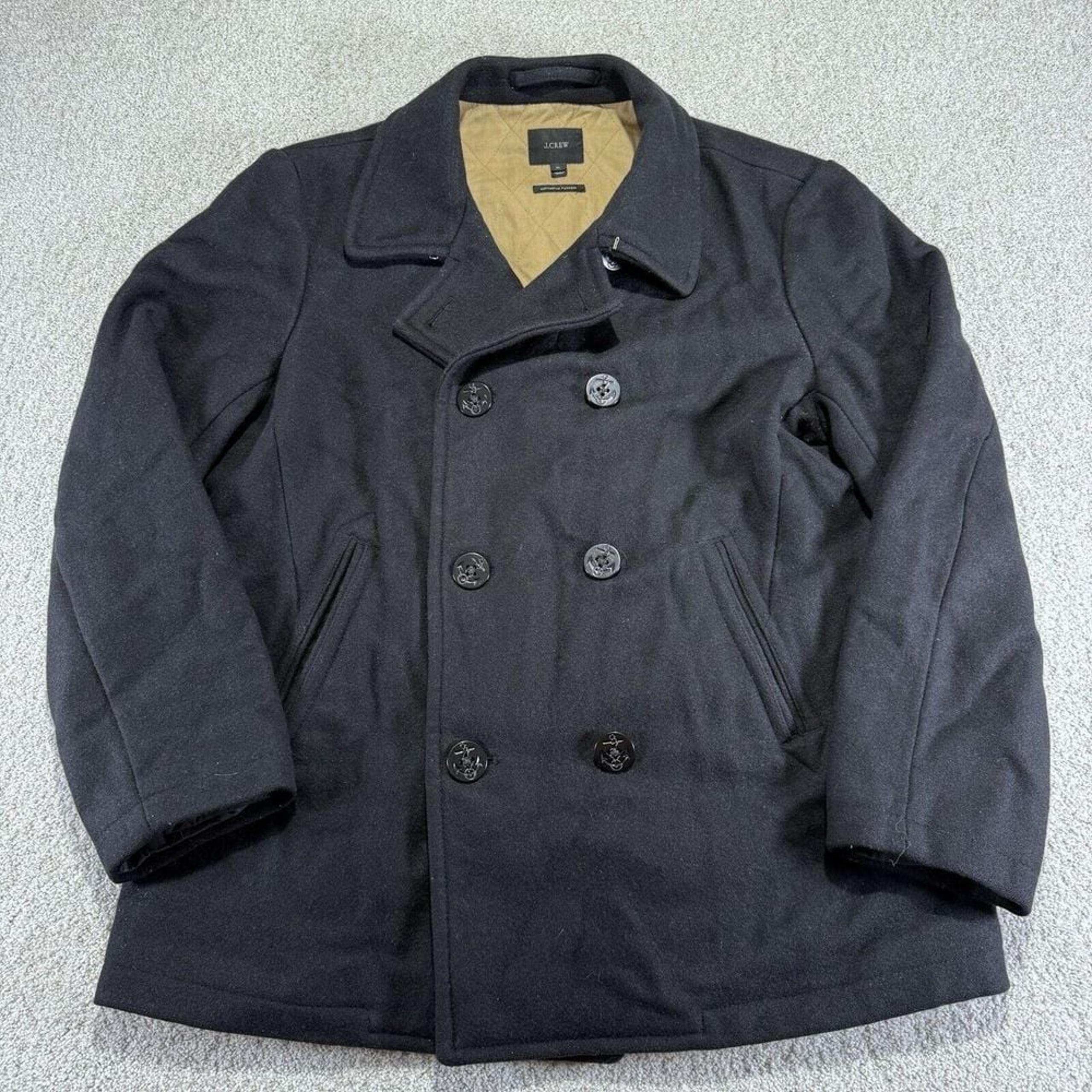 J.Crew Mens Bayswater Pea Coat Black Wool XL Winter Coat Quilted