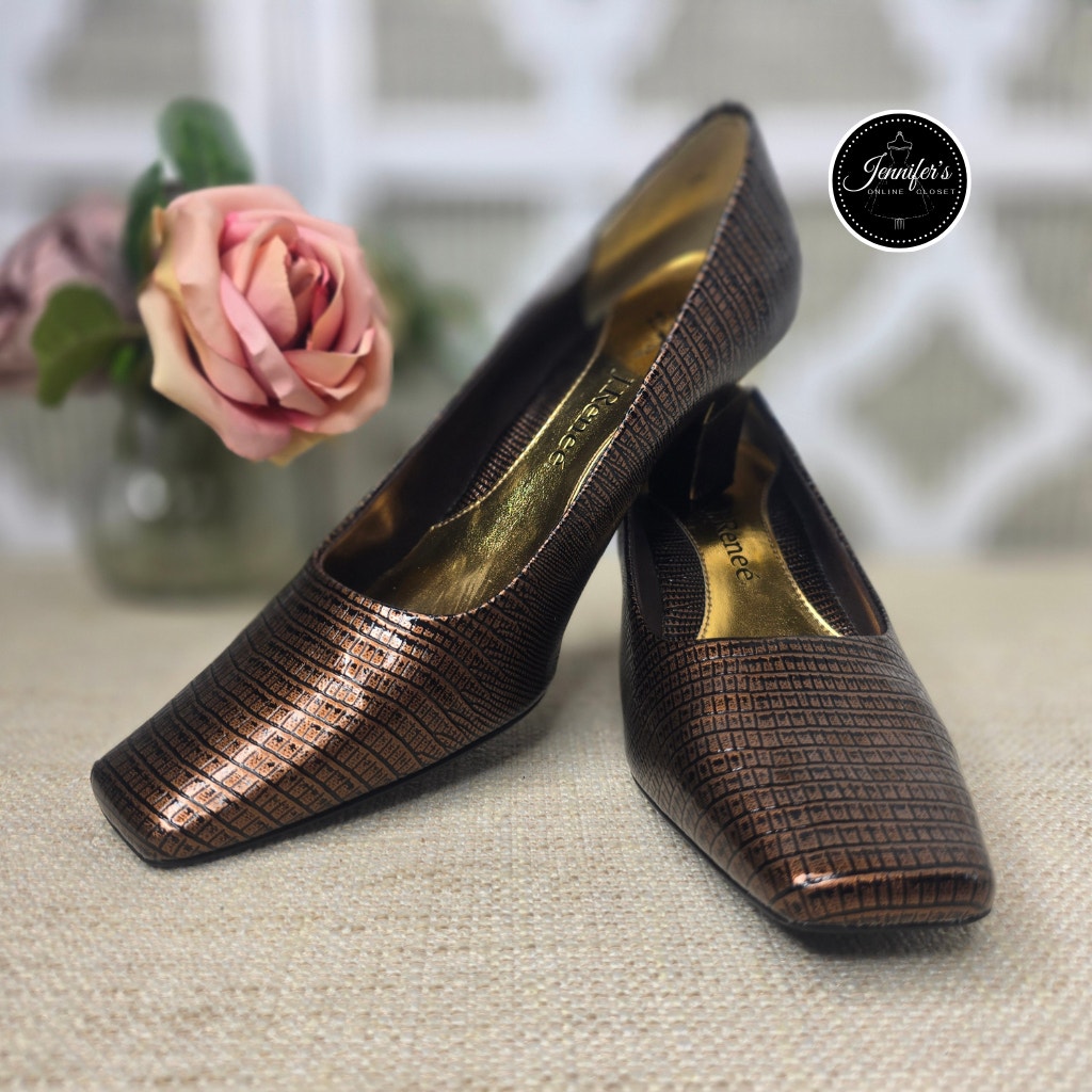J. Renee' Brown Mary Snakeskin Gold Metal Square Heels Size 7.5M