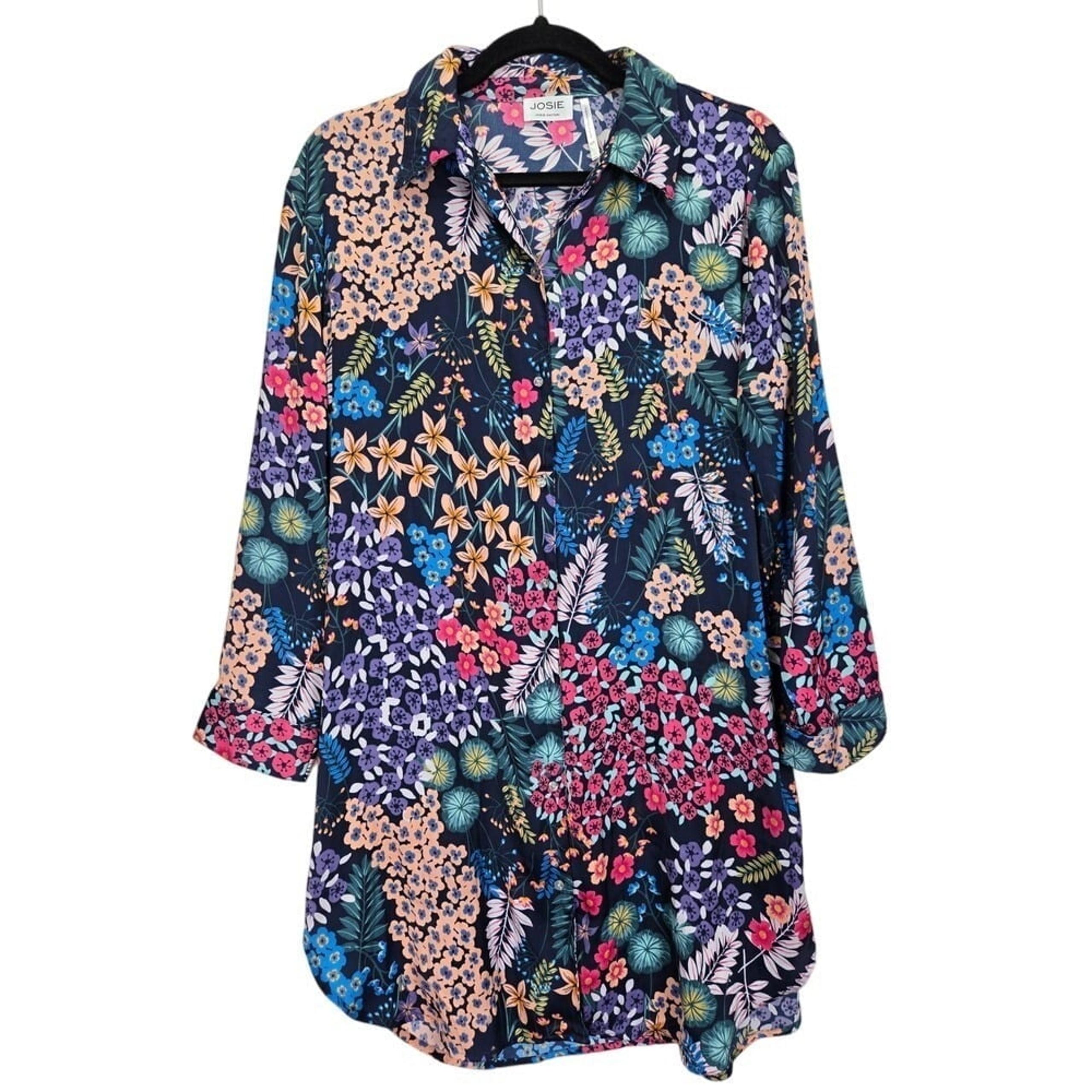 Josie Natori Women Button Up Sleep Shirt Dress Size XS Oversized Floral Bohemian