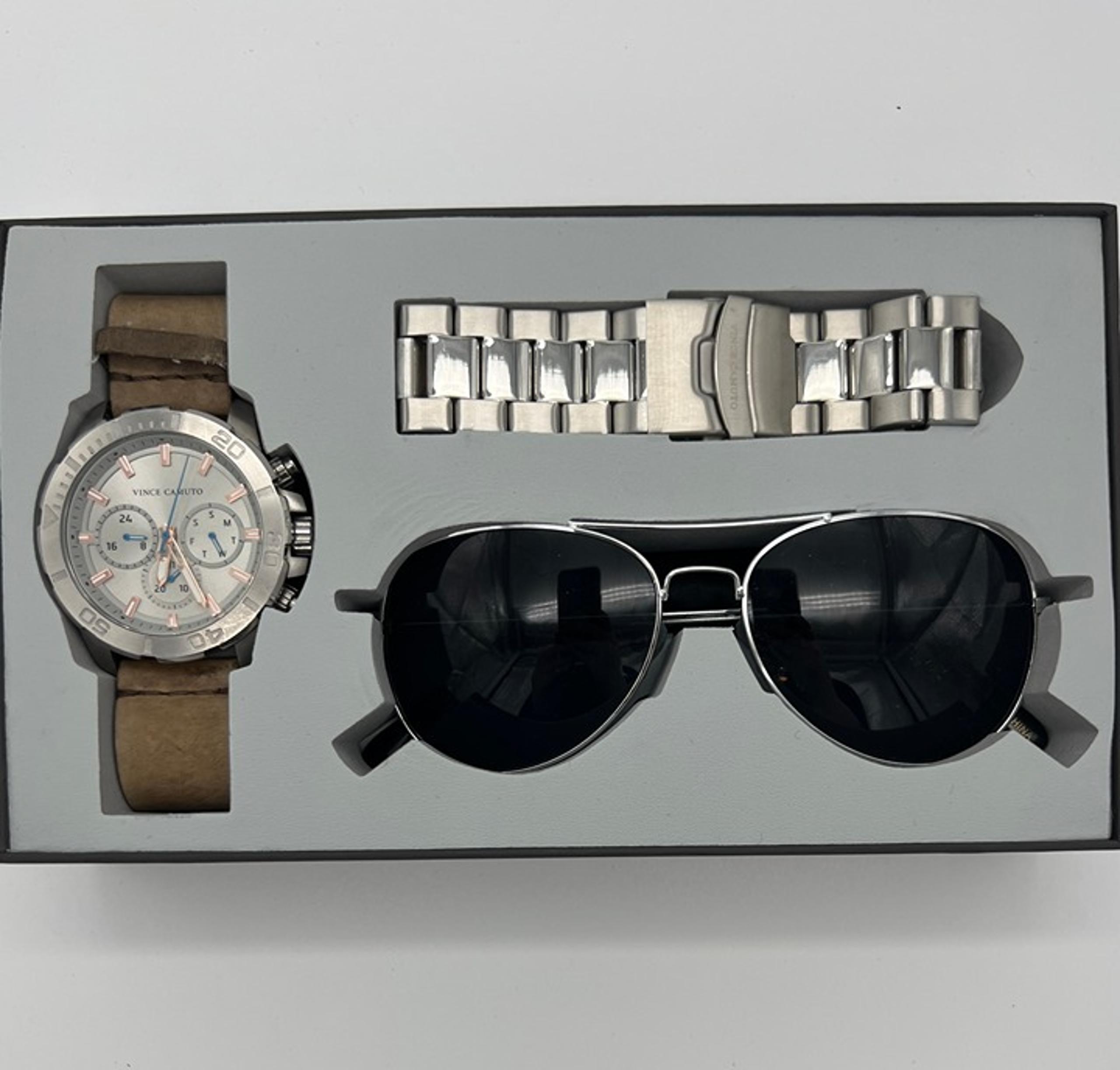 Vince Camuto Chronograph Stainless Steel Men's Watch Sunglass Set