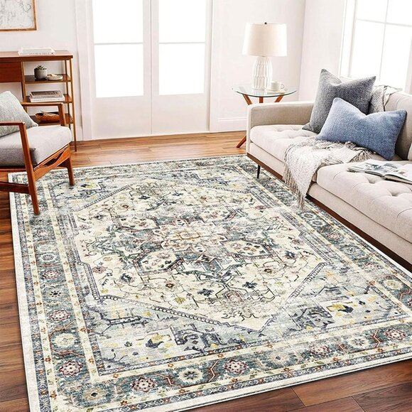 NEW Area Rug 5x7 Cyan Khaki Washable Vintage Traditional Floor Cover Thin Retro