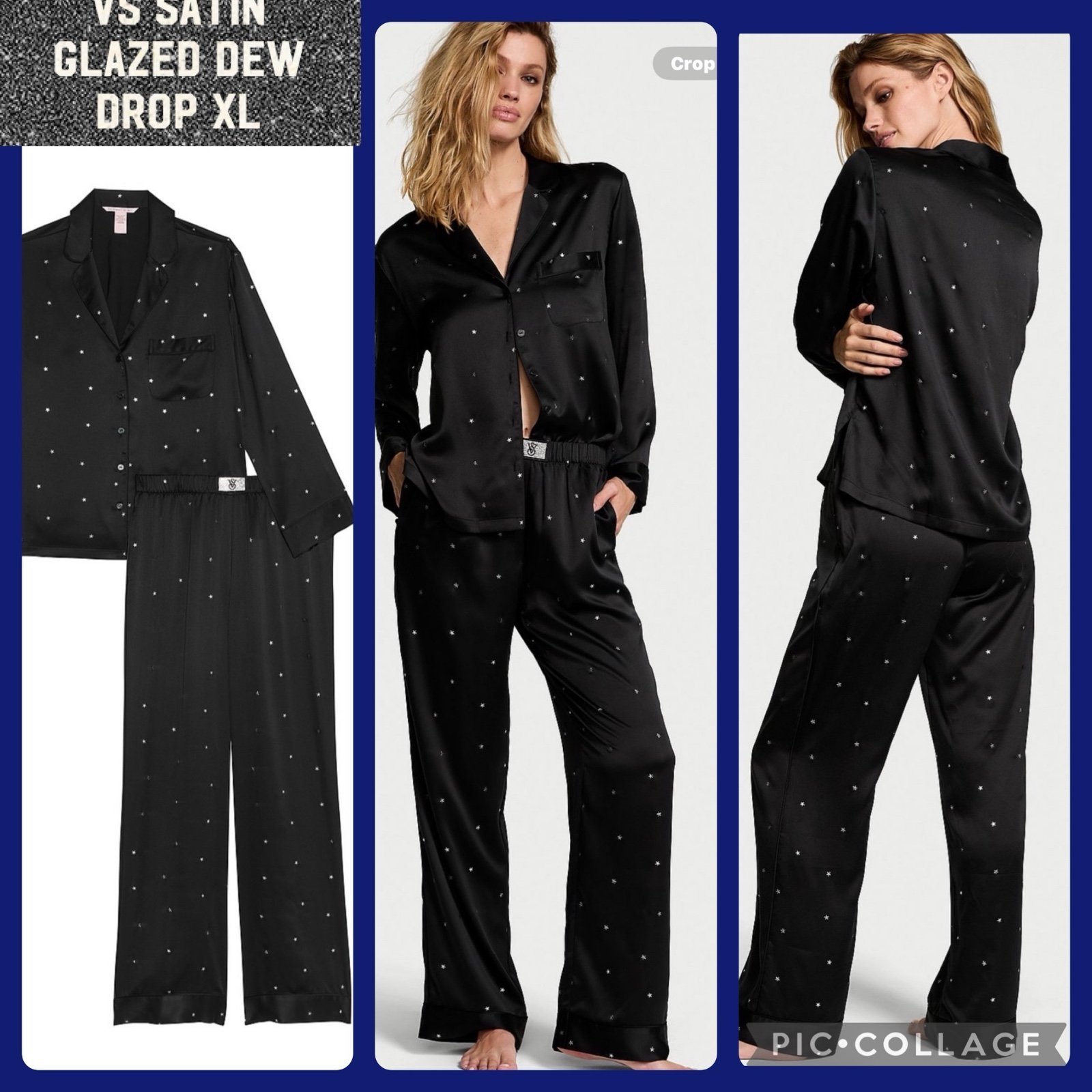 Victoria's Secret Glazed Satin Dew Drop Long PJ’’s BLACK CRYSTAL EMBELLISHMENTS