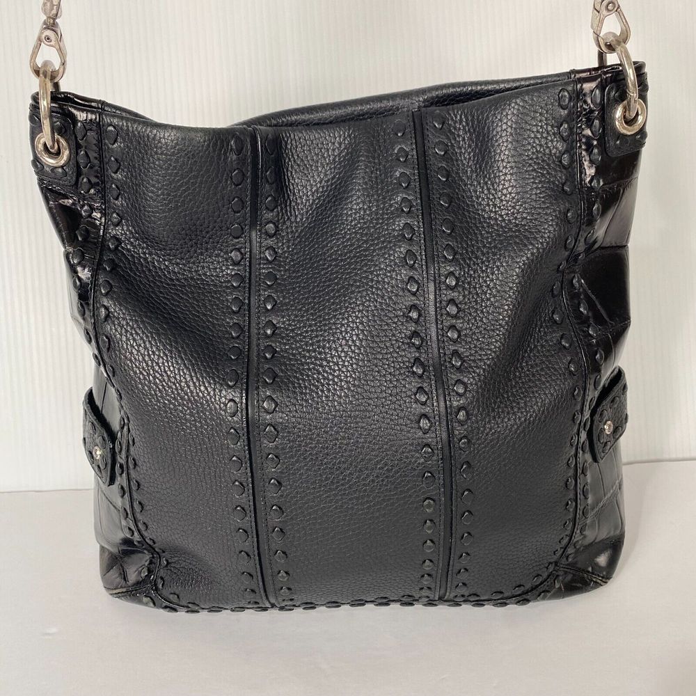 BRIGHTON COLLECTION BLACK LEATHER Whip Stitch HOBO HANDBAG Crocodile Pattern