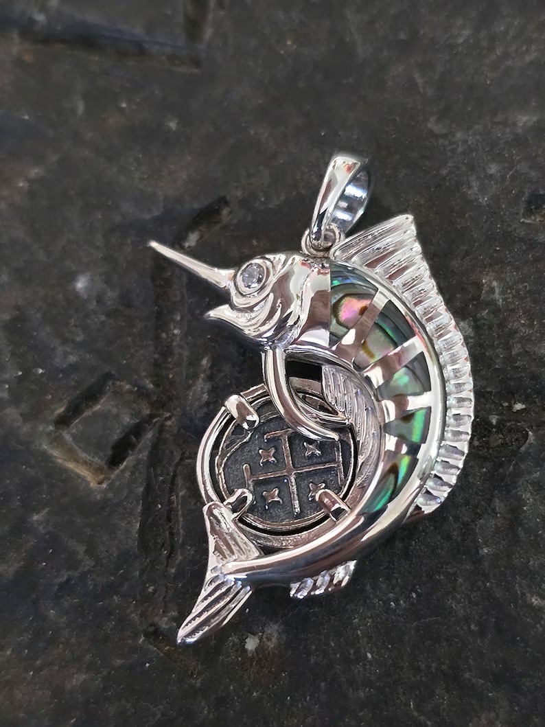 Small Atocha pendant sterling silver marlin pendant with abalone inlay