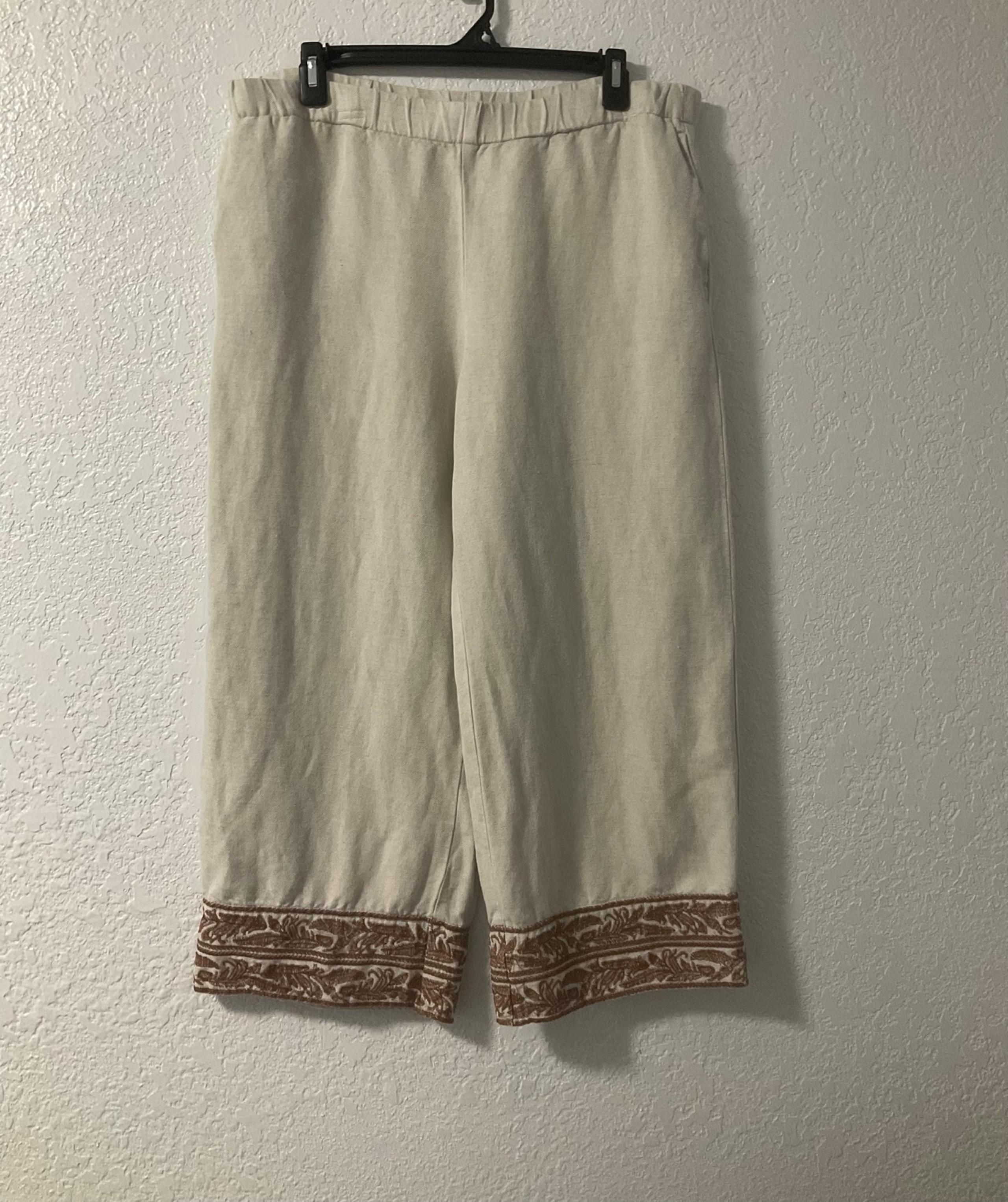 J Jill Women’s Size M Cropped Wide Leg Beige Pants Pull On Embroidered Hem