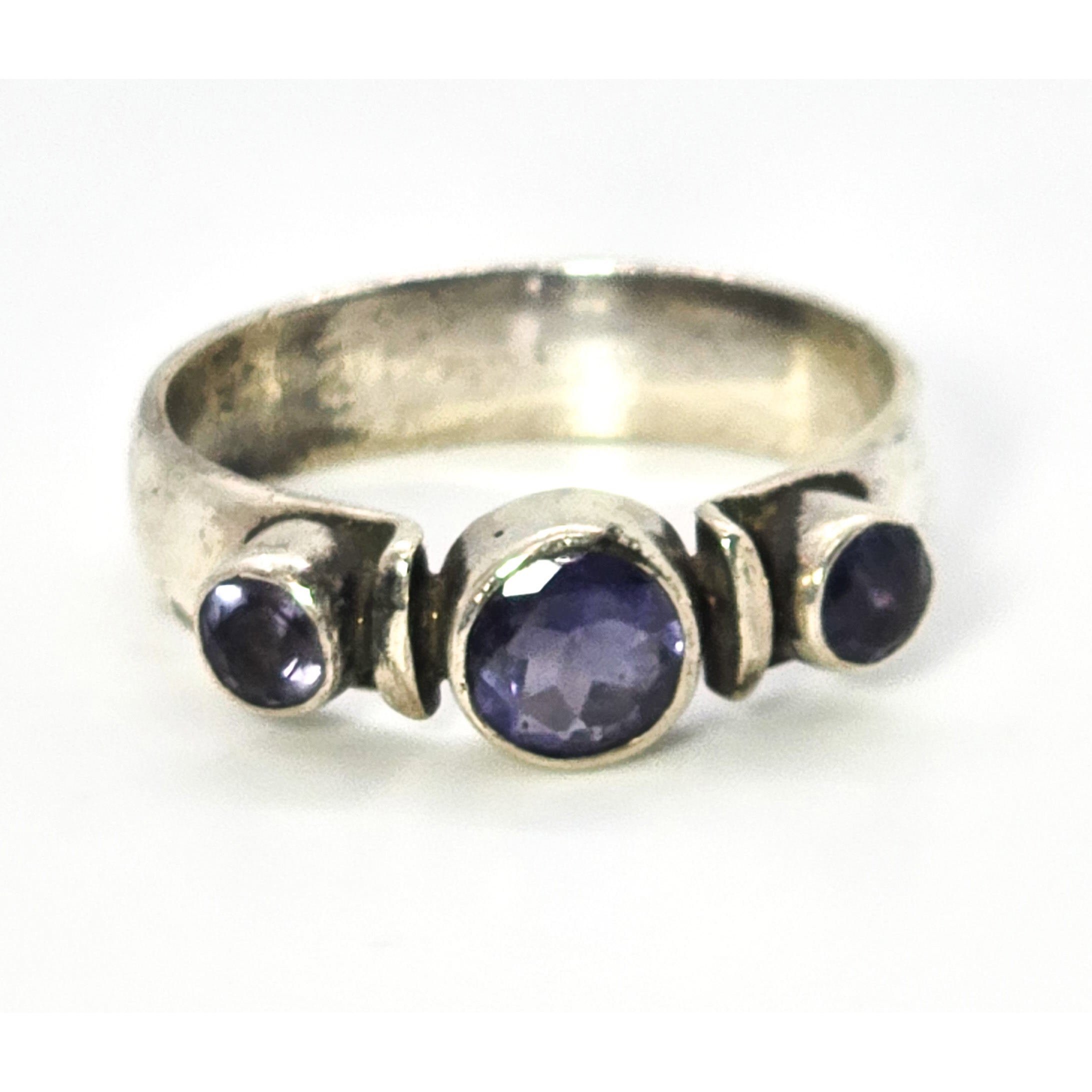 Tanzanite three stone thick solid sterling silver boho gemstone ring band size 9