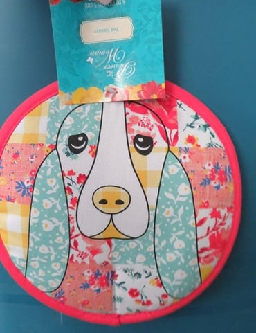 ⭐The Pioneer Woman Charlie Basset Hound Patchwork Round Potholder Oven Mitt NWT