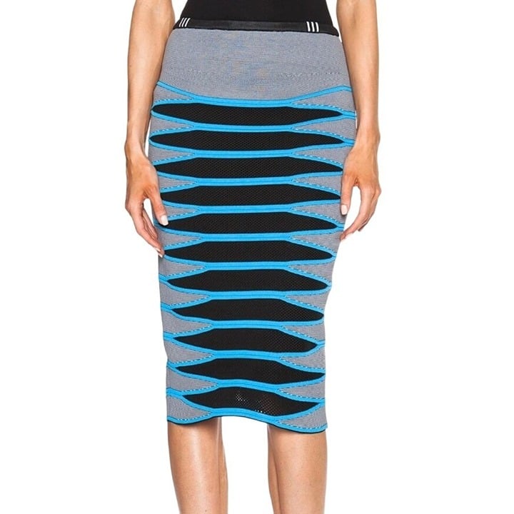 Alexander Wang Curved Hem Mesh Pencil Skirt Gray Blue Black Geometric Size Small