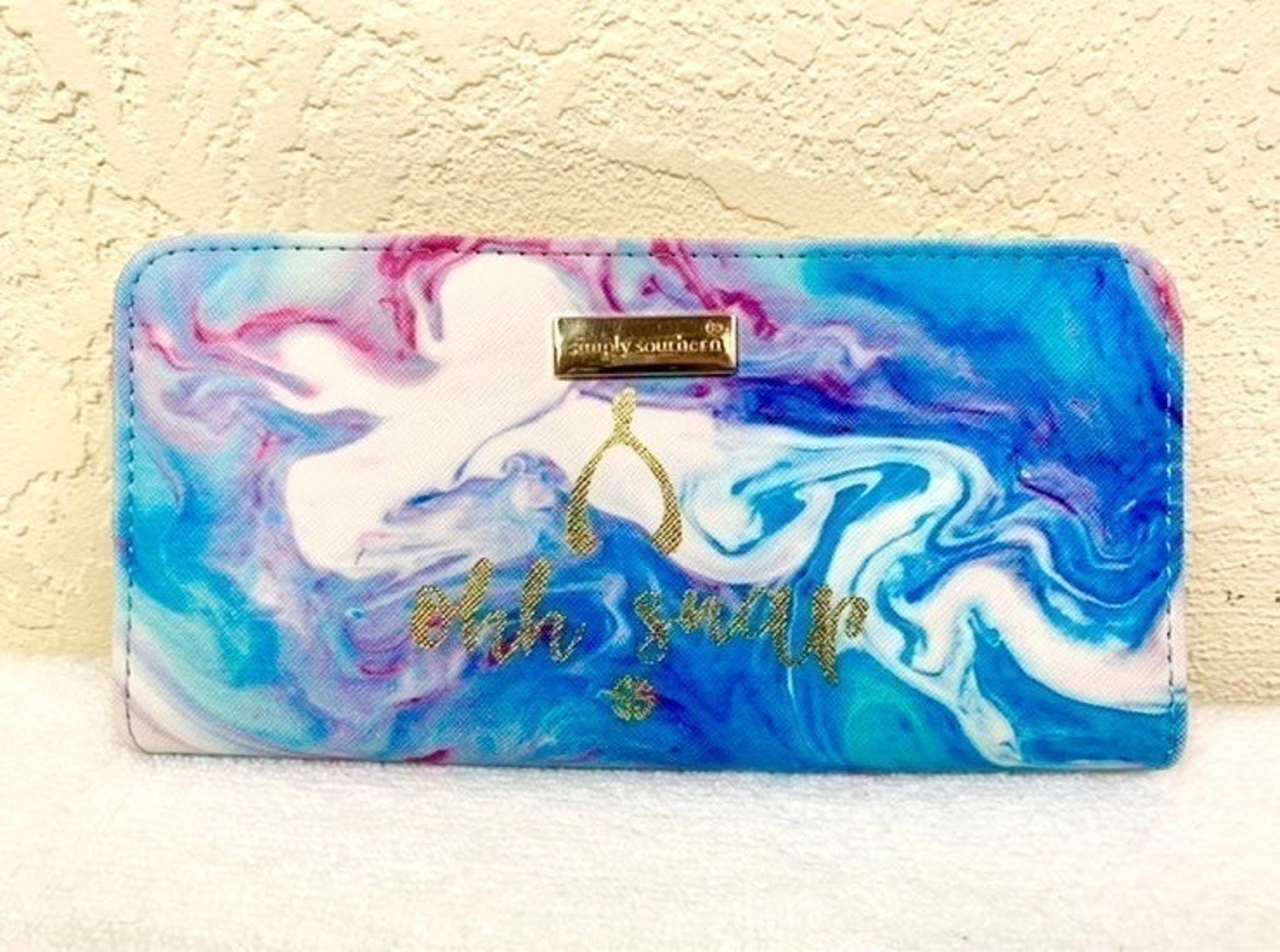 Simply Southern Womens Bifold Ziplock Wallet Blue White Pink Tie Dye Swirl