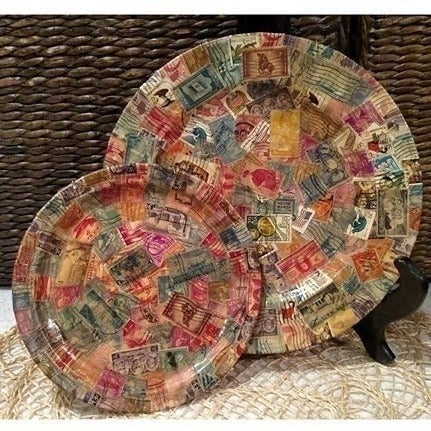 Vintage Postage Stamp Plates, Decoupaged, 10.25 Diameter & 7.5 Diameter, EUC