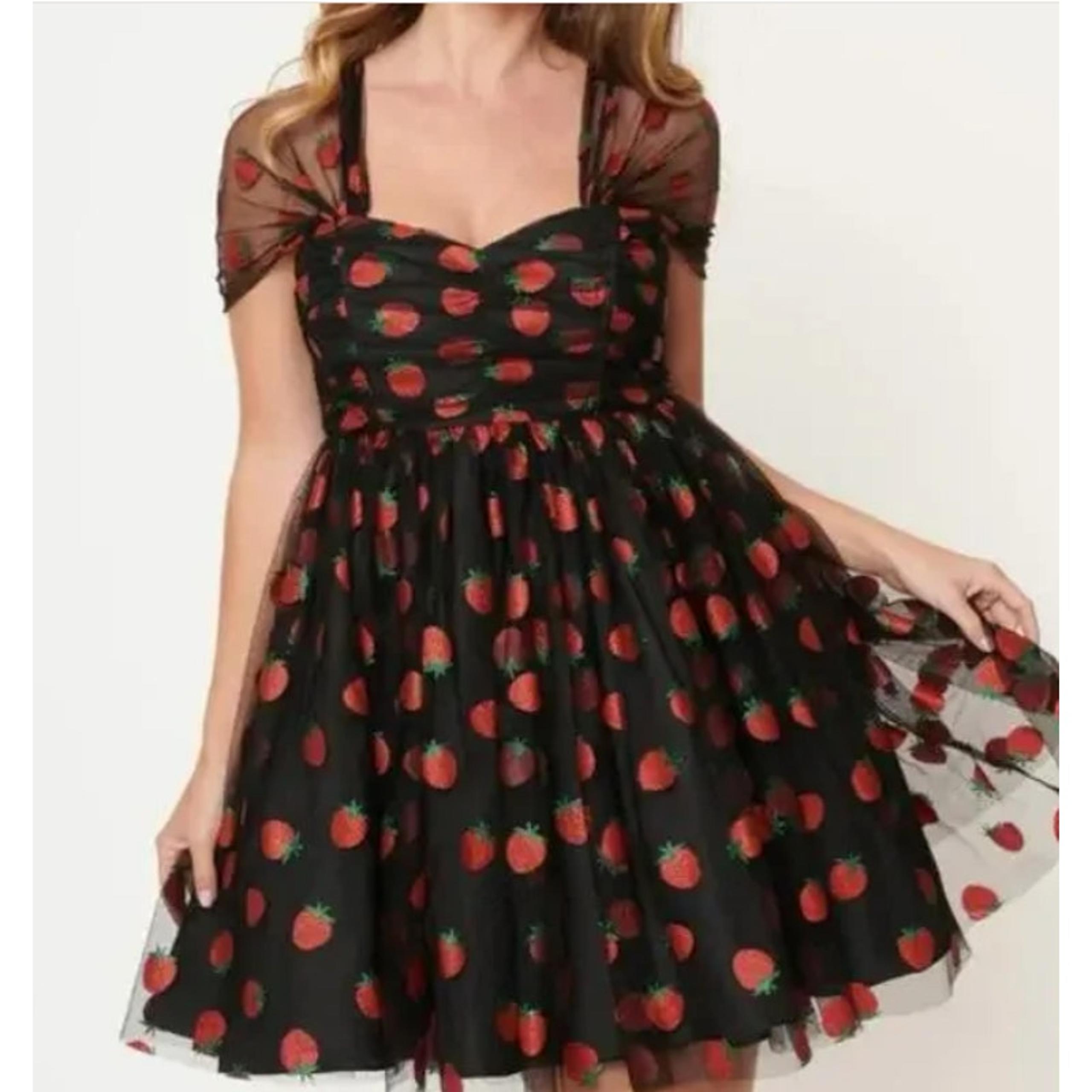 Unique Vintage Babydoll Dress Glitter Strawberry Black Tulle Mini Retro 3X