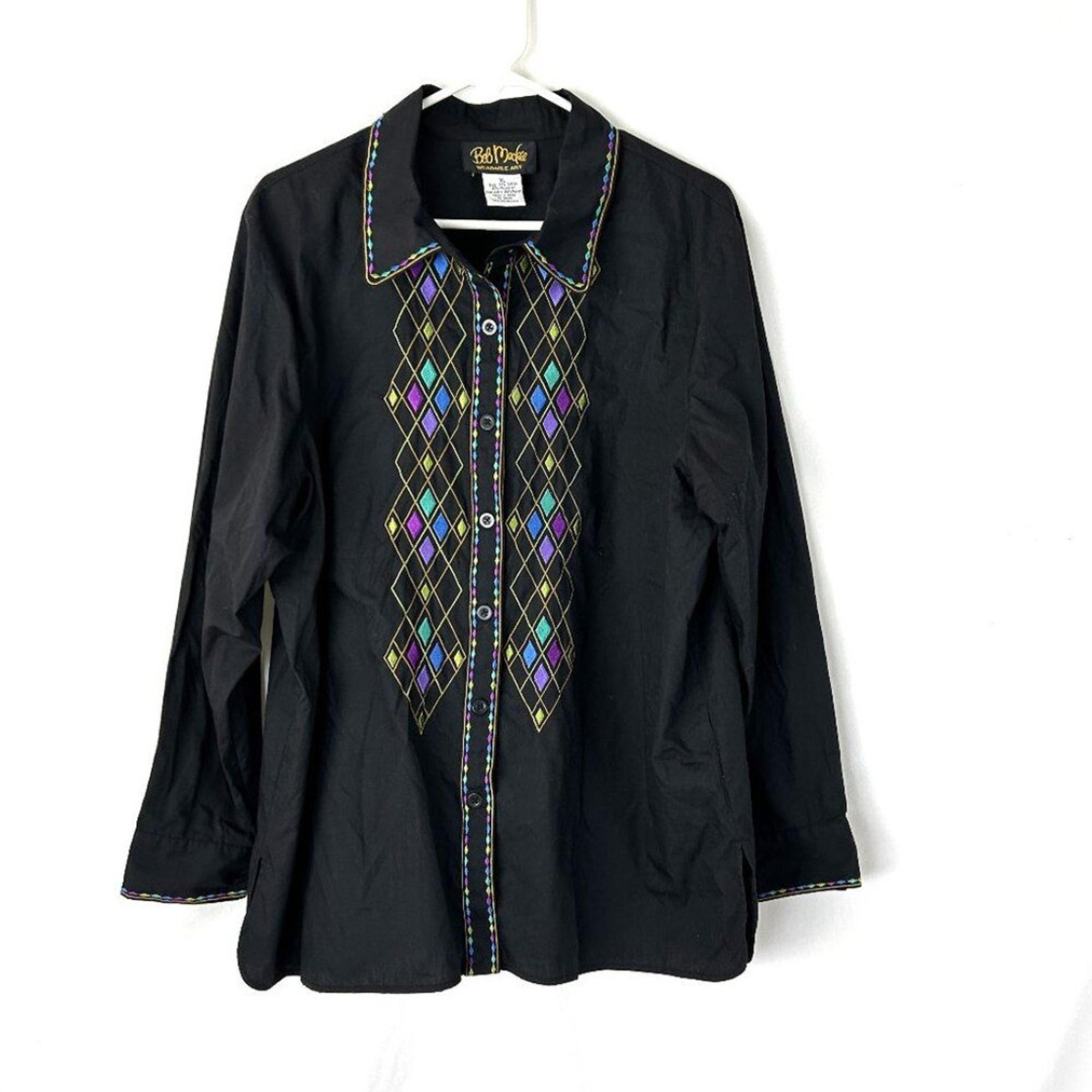 Bob Mackie Embroidered Argyle Button Up Shirt XL