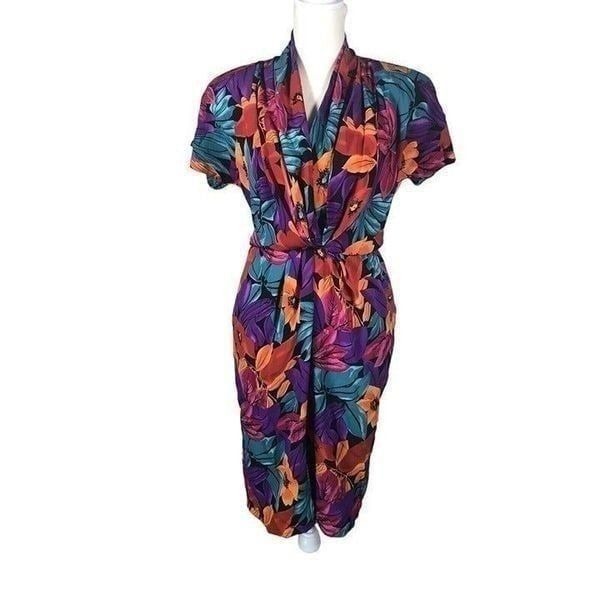 Vintage 80's Tess Dress S Bright Floral Print Blouson Turquoise Purple Sheath