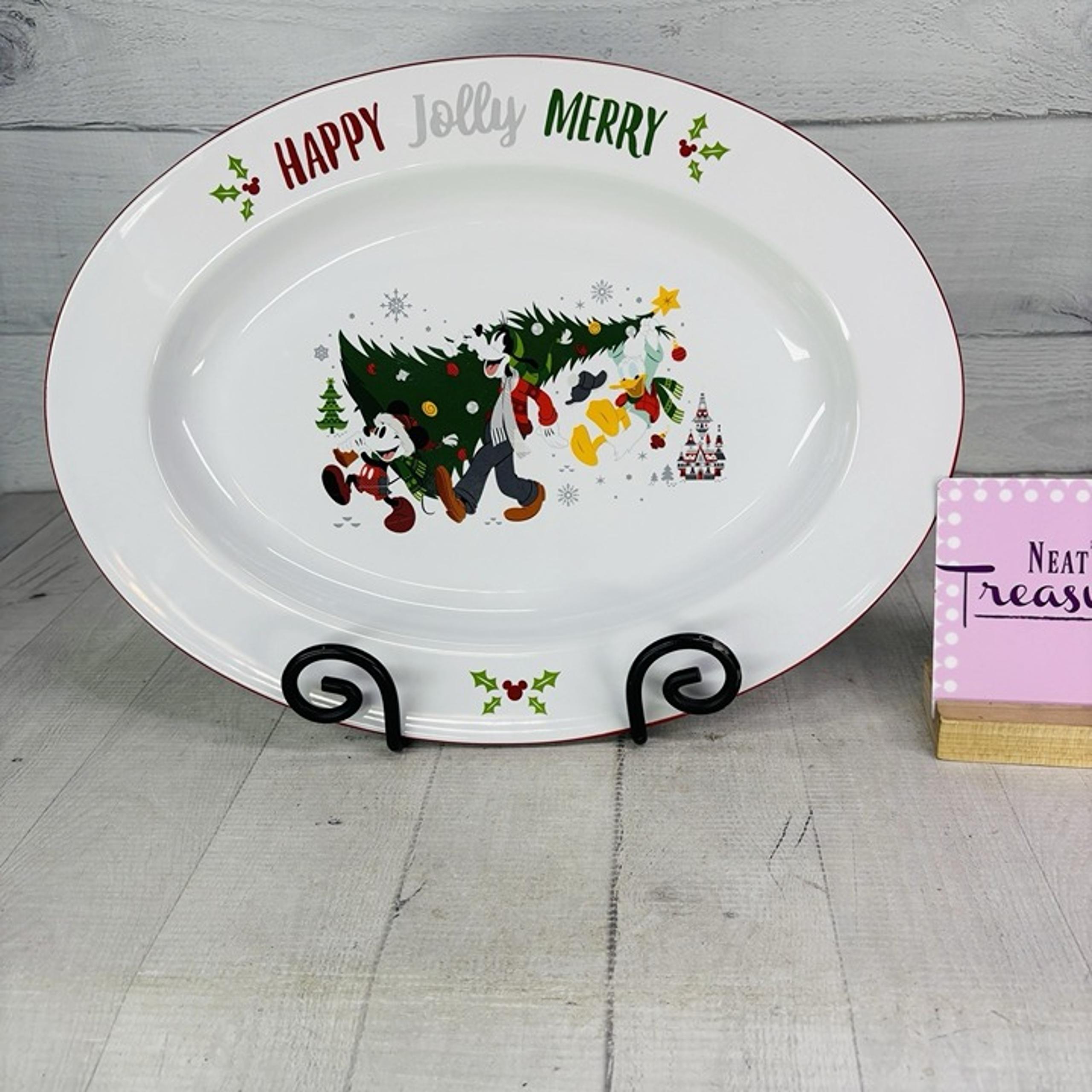 Disney Parks HAPPY JOLLY MERRY Santa Mickey Mouse Friends 15" Christmas Platter