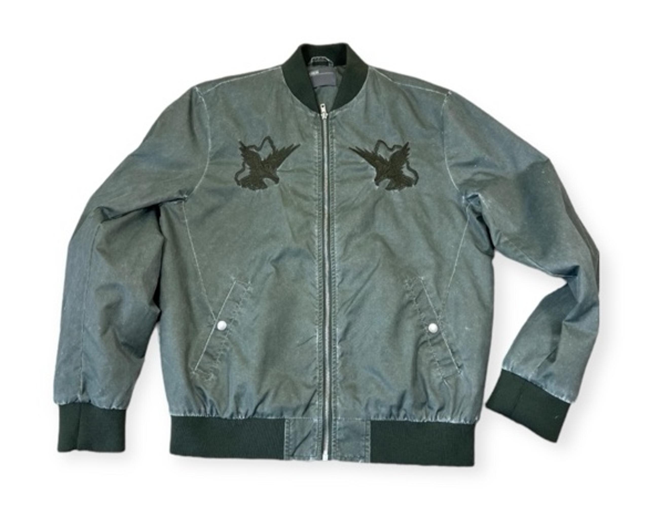 ASOS Sukajan Embroidered Nylon Bomber Jacket Bird Distressed Green Medium