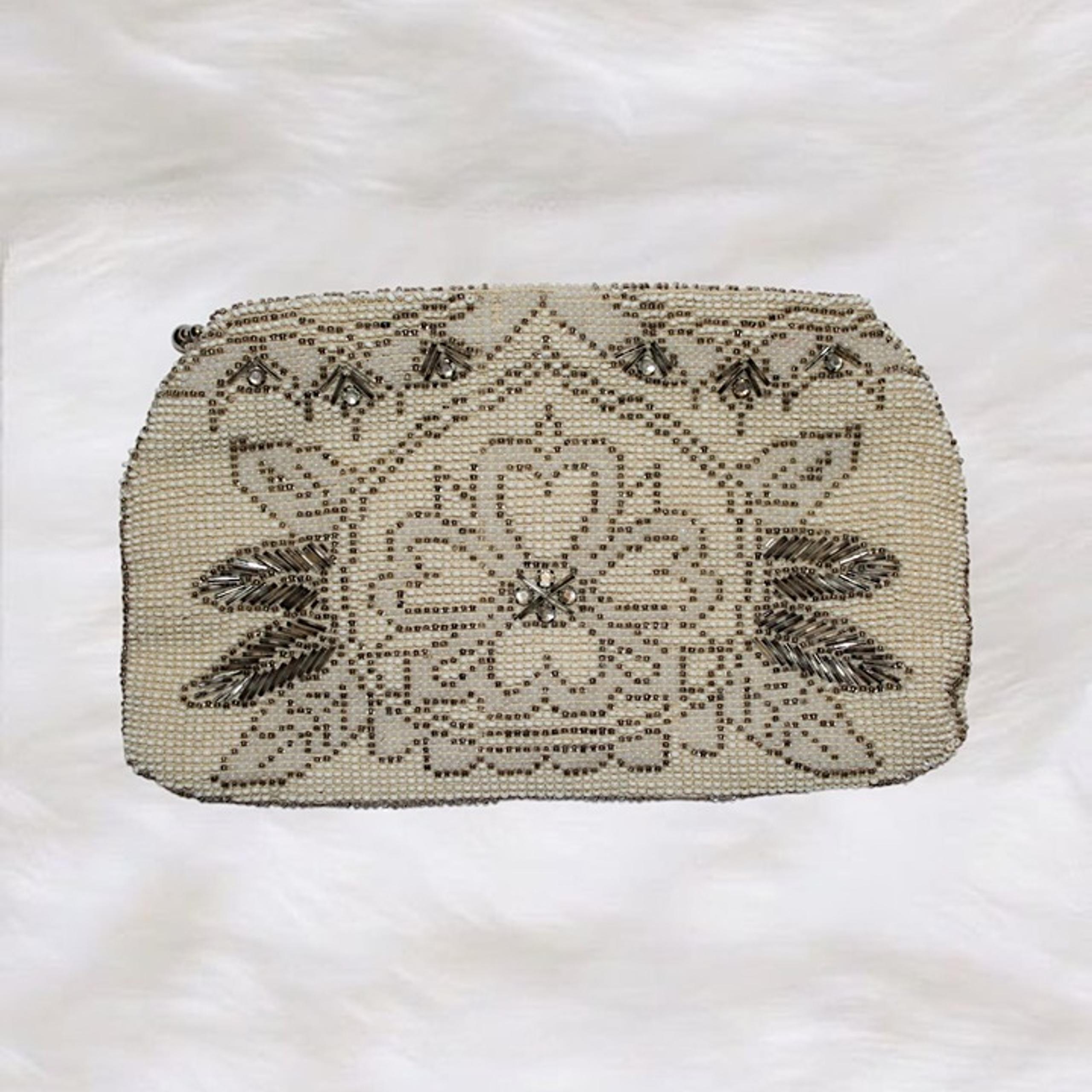 Vintage Czech Cream Rhinestone & Beaded Clutch Coin Purse with Zipper Belt Loop