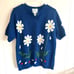 Vintage Short Sleeve Cardigan Blue Floral Daisy Sz L Grannycore Whimsy Fairy