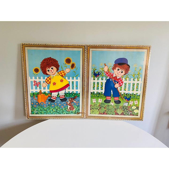 Vintage Raggedy Ann and Andy Gardening Wall Hanging Plaques, Set of 2, NOS
