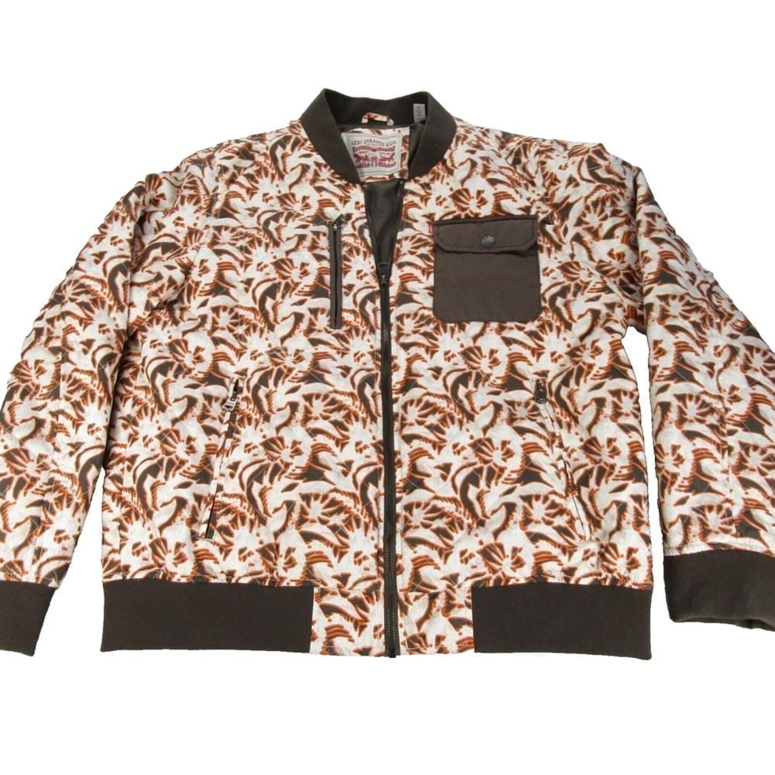 Levis Jacket Mens XL Brown Printed Abstract Pockets Quilted Full Zip Bomber