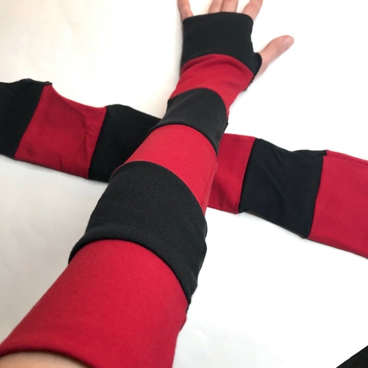 Long Striped Gloves Red Hand Warmers Black Armwarmers Patchwork Sleeves Psy Goth