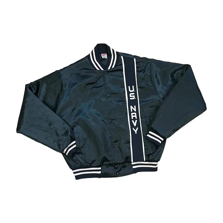 VINTAGE SOFFE US NAVY SATIN BOMBER JACKET LARGE L MENS BLUE ARMY MILITARY SNAP