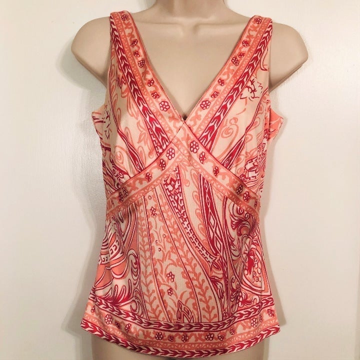 Elie Tahari Silk Pink Print Stretch Sleeveless Knit Top Tank Long