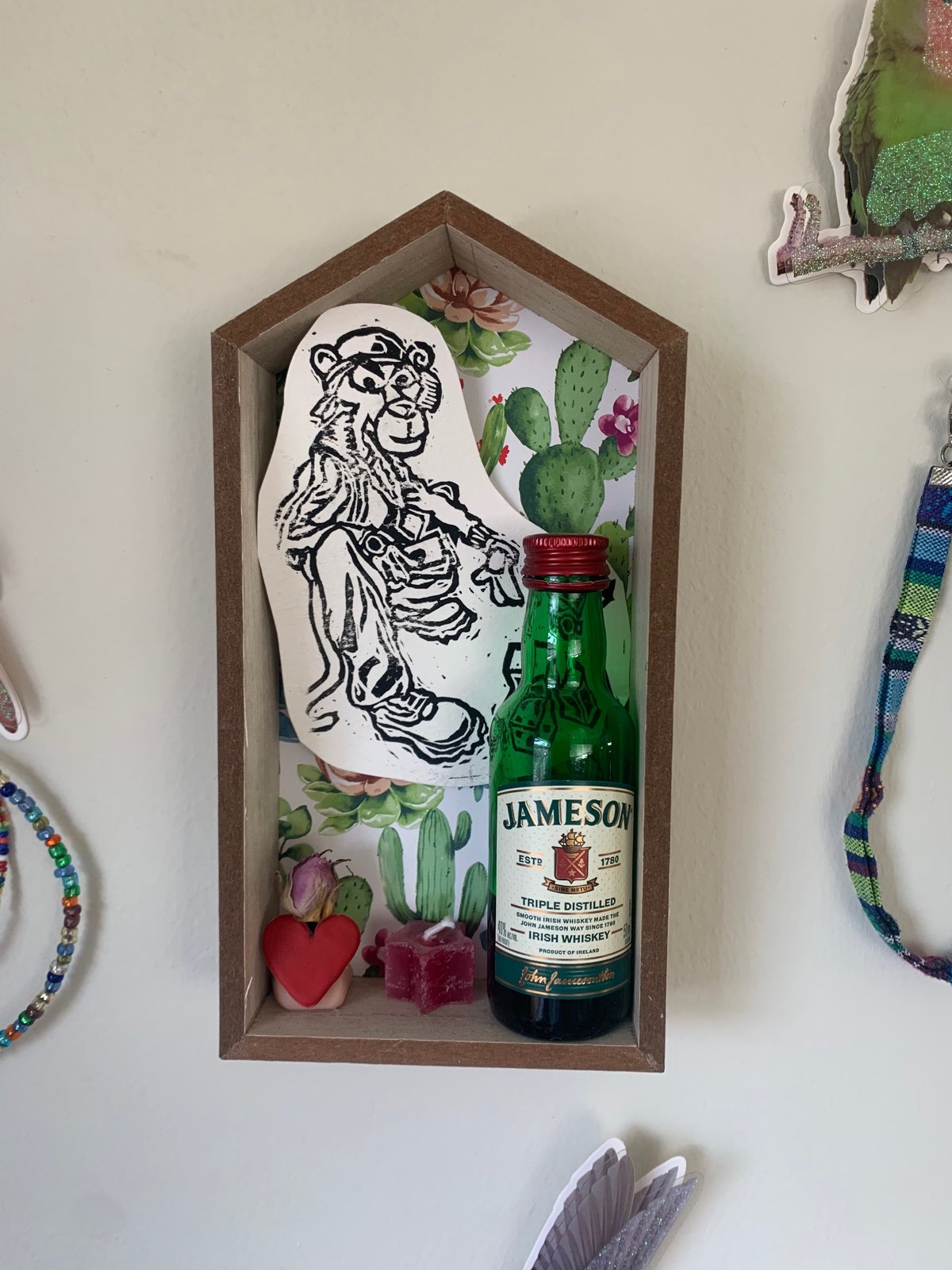 Little altar with Pink Panther Print and nip bottle
